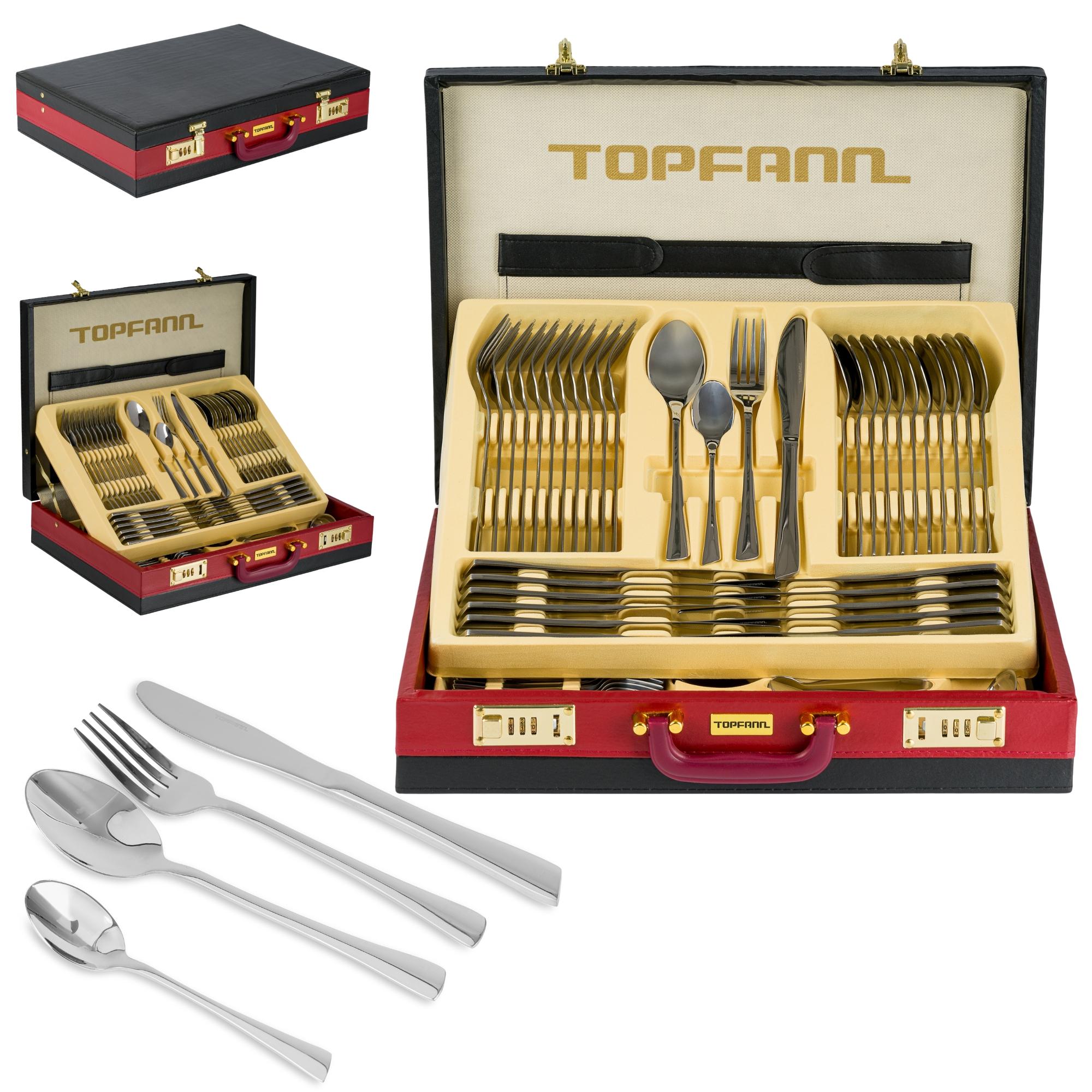 TOPFANN 72-teilig Besteckset Edelstahl 12 Personen Besteck im Koffer Besteckkoffer Essbesteck für 12 Personen
