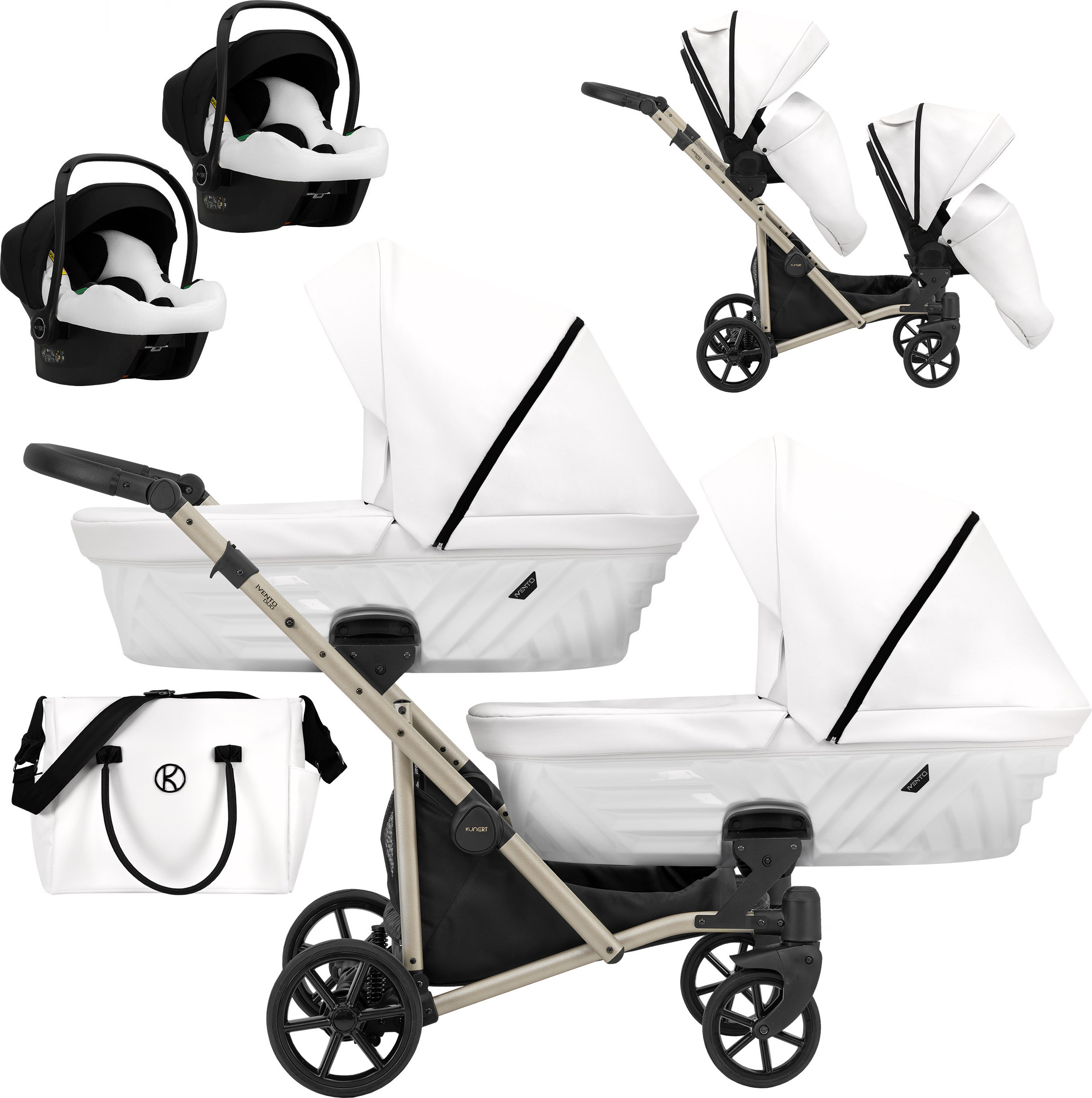 Kinderwagen IVENTO DUO 3 in 1 Komplettset Zwillingskinderwagen Geschwisterwagen Zwillingsbuggy Doppelkinderwagen (White Pearl, Rahmenfarbe: champagne)