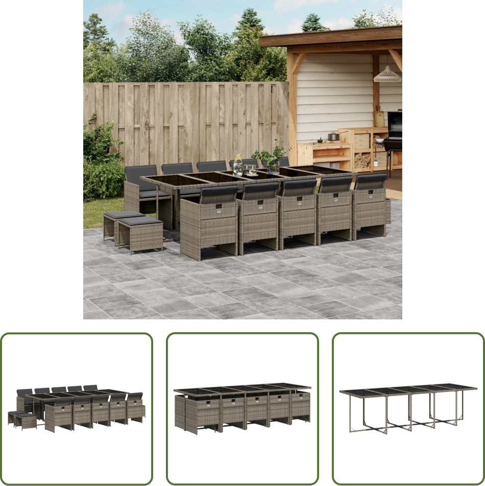 The Living Store 15-dielny záhradný jedálenský set s vankúšmi sivý polyratan