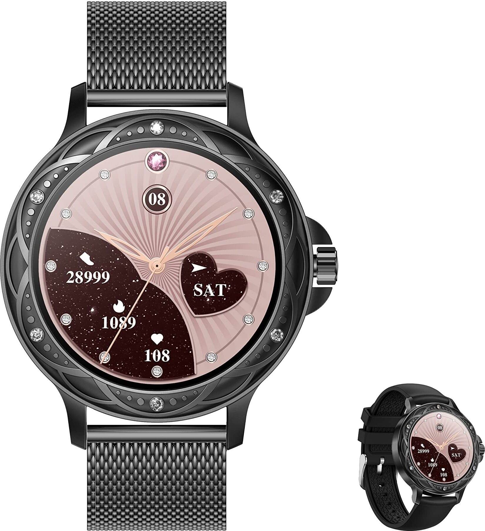 Inteligentné hodinky pre ženy, 1,2-palcové HD okrúhle dámske hodinky s Bluetooth volaním Inteligentné hodinky Vodotesné fitness tracker pre iOS Android