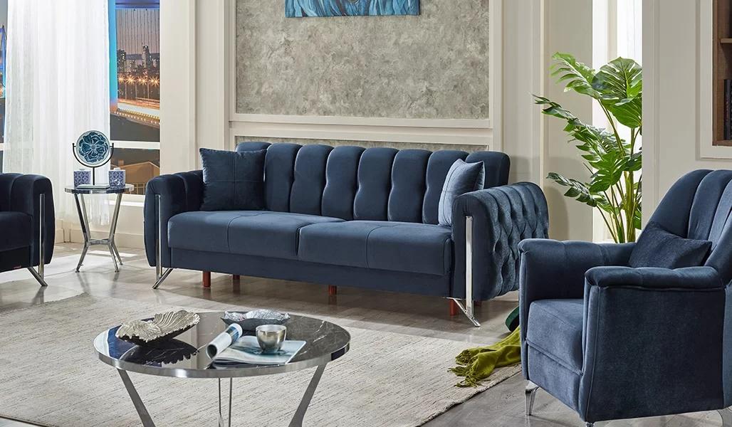 Design Modern Sofas 3 Sitzer Wohnzimmer Textil Dreisitzer Blau Polstermöbel
