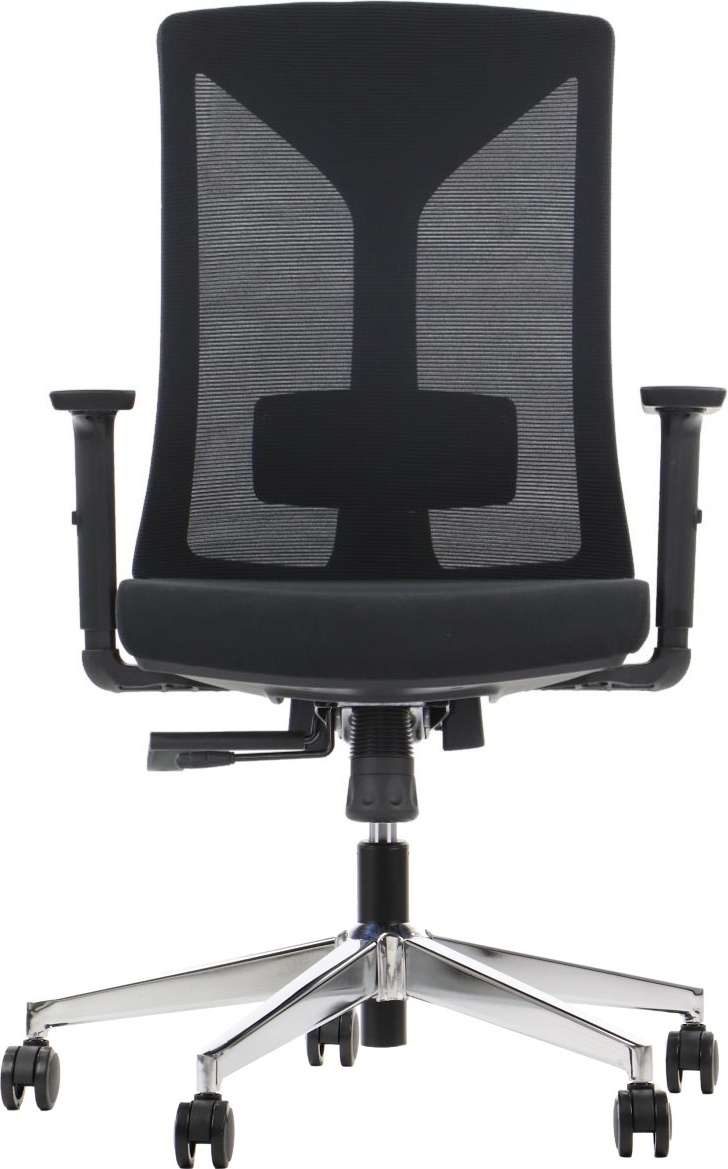 Ergonomická otočná kancelárska stolička HAGER, chrómová podnož, nastaviteľné podrúčky, sieťovaná chrbtová opierka, čierna farba