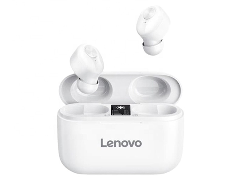 Biele slúchadlá Bluetooth Lenovo HT18 s nabíjacím puzdrom a rozhraním Bluetooth 5.0