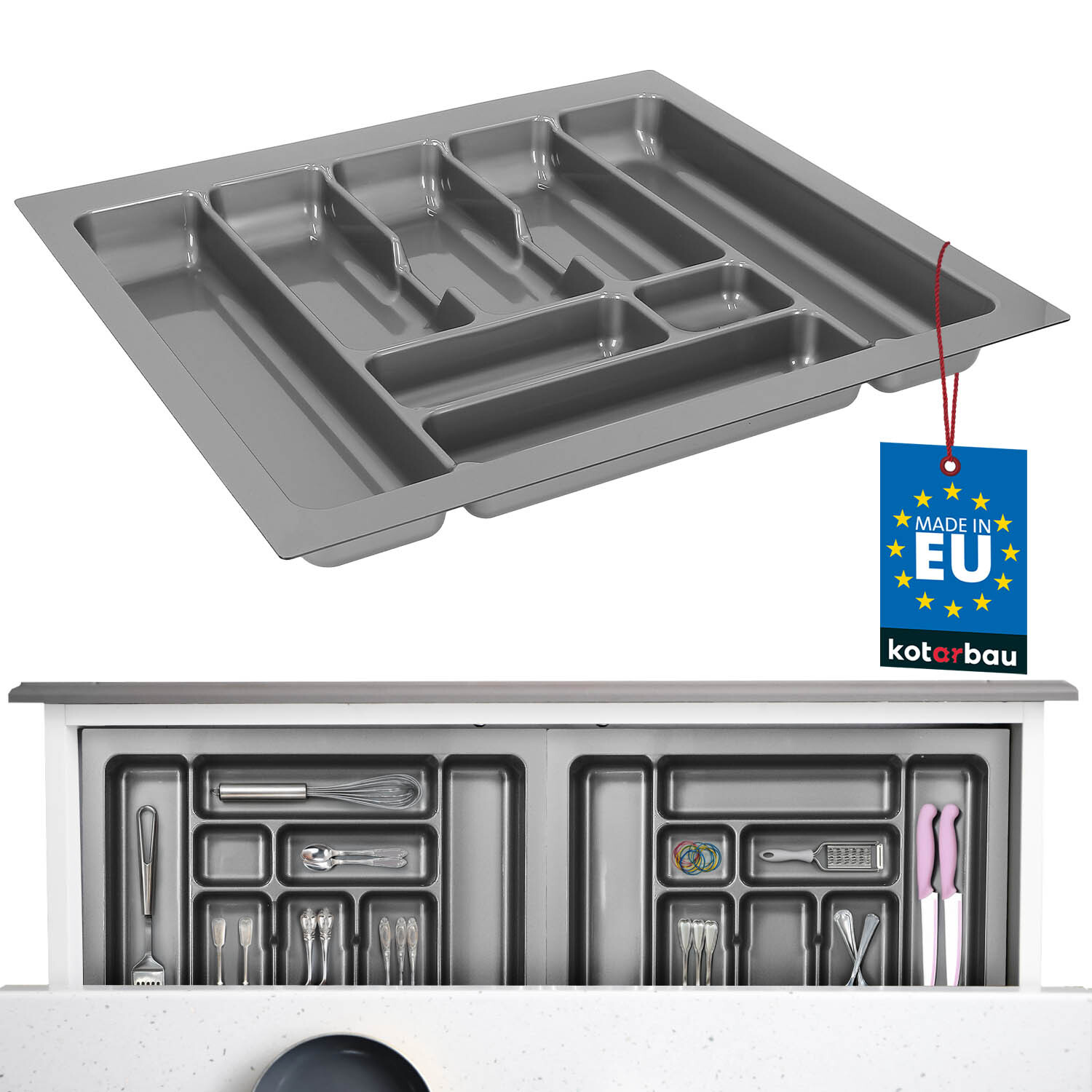 Organizzatore Portaposate Antiscivolo Per Cassetto - 7 Scomparti Regolabili, Materiale PP Per Alimenti, Grigio, Per Cucina, Bagno E Trucco