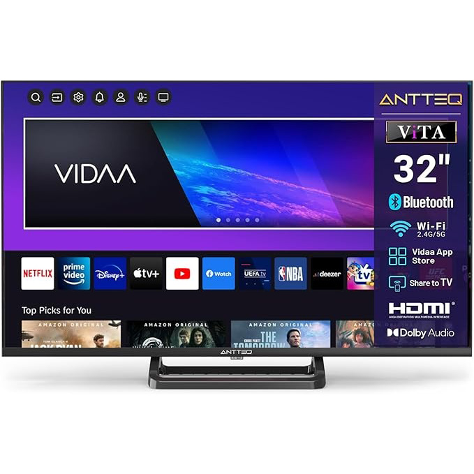 Antteq V32-AH3.Q1L-BT 32 Zoll Smart TV(Fernseher 81 cm), Voice Remote Control, HD, Triple Tuner(DVB-T2/S2/C), App Store, DAZN, UVM, Wifi, Hotelmodus
