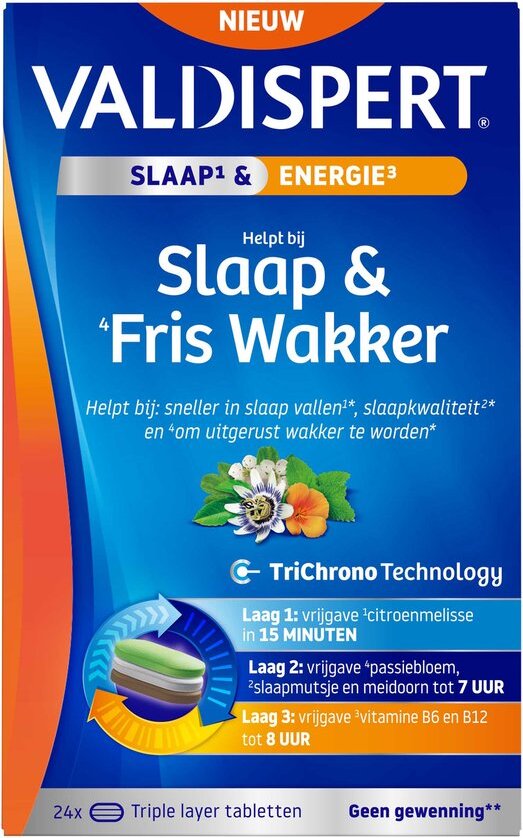 Valdispert Sleep & Fresh Awake - Zitronenmelisse hilft Ihnen, schneller einzuschlafen* - Passionsblume hilft Ihnen, ausgeruht aufzuwachen - Vitamin B6 - keine Gewöhnung** - phasenweise Freisetzung während der Nacht - 24 Dreischichttabletten
