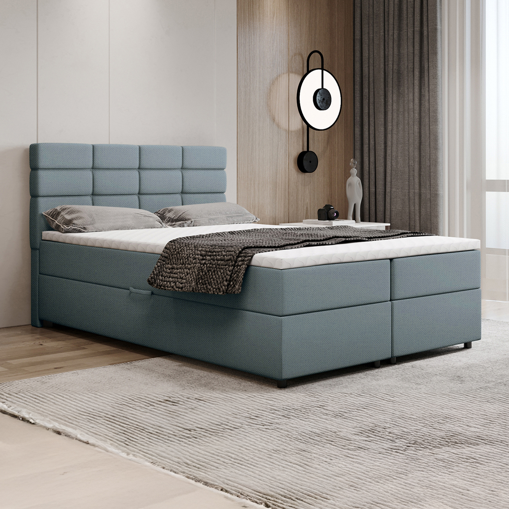 Boxspringbett 140x200, mit Bettkasten, Hellblau, Matratze und Topper, Doppelbett, REVE, Panda Möbel