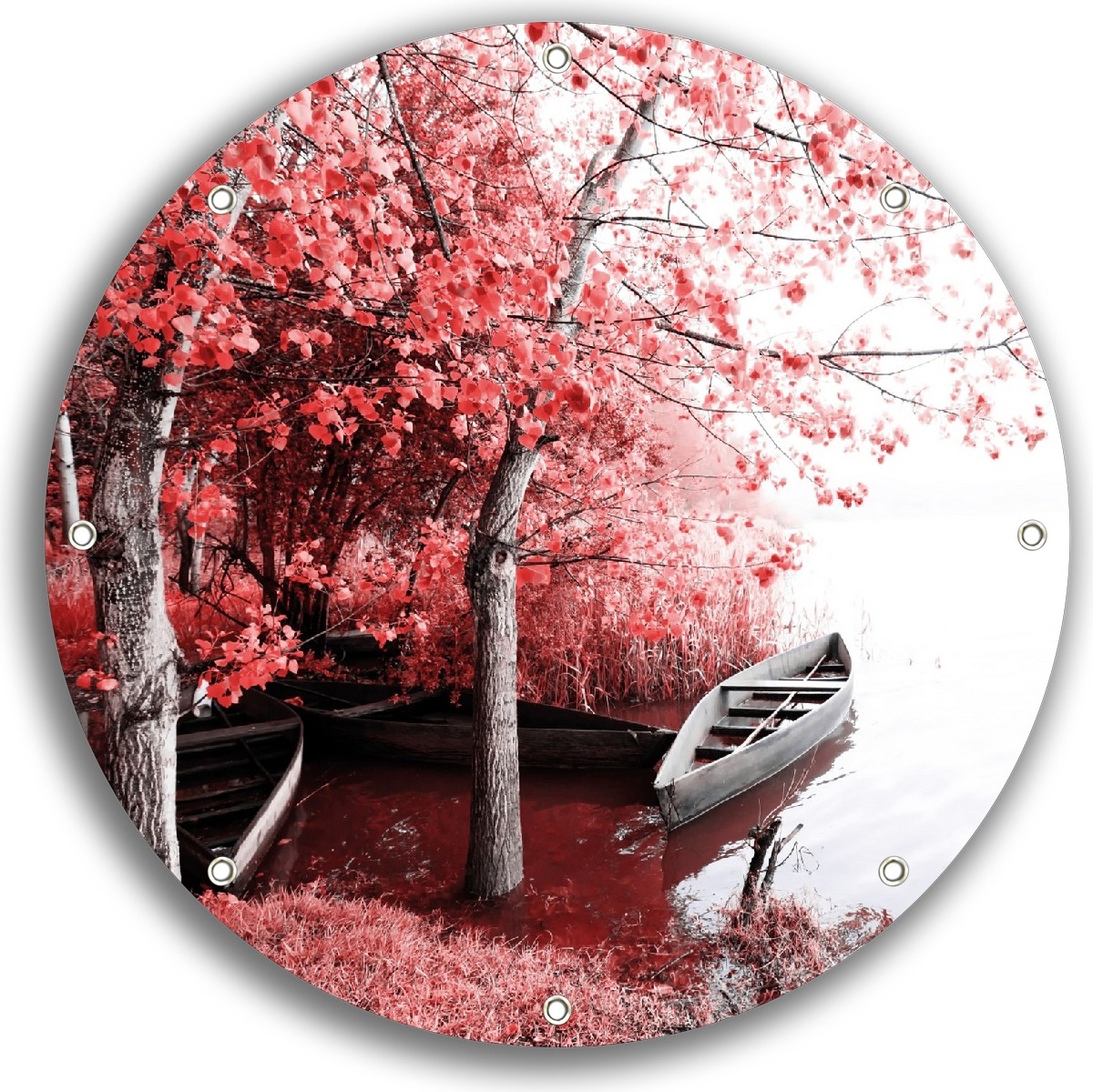 Wallario rundes Outdoor-Poster für Garten oder Balkon, Motiv Romantische Bootsanlegestelle in rot-weiß, 30 cm Durchmesser ruban0080-3030