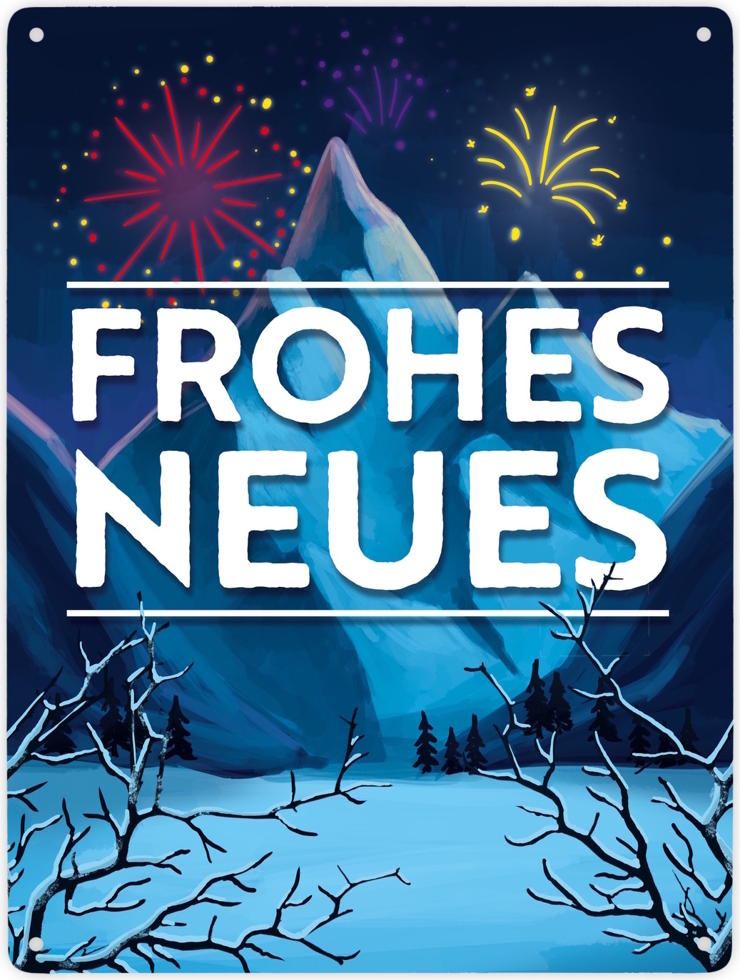 speecheese Feuerwerk über Winterlandschaft Frohes Neues Metallschild XXL in 28x38 cm