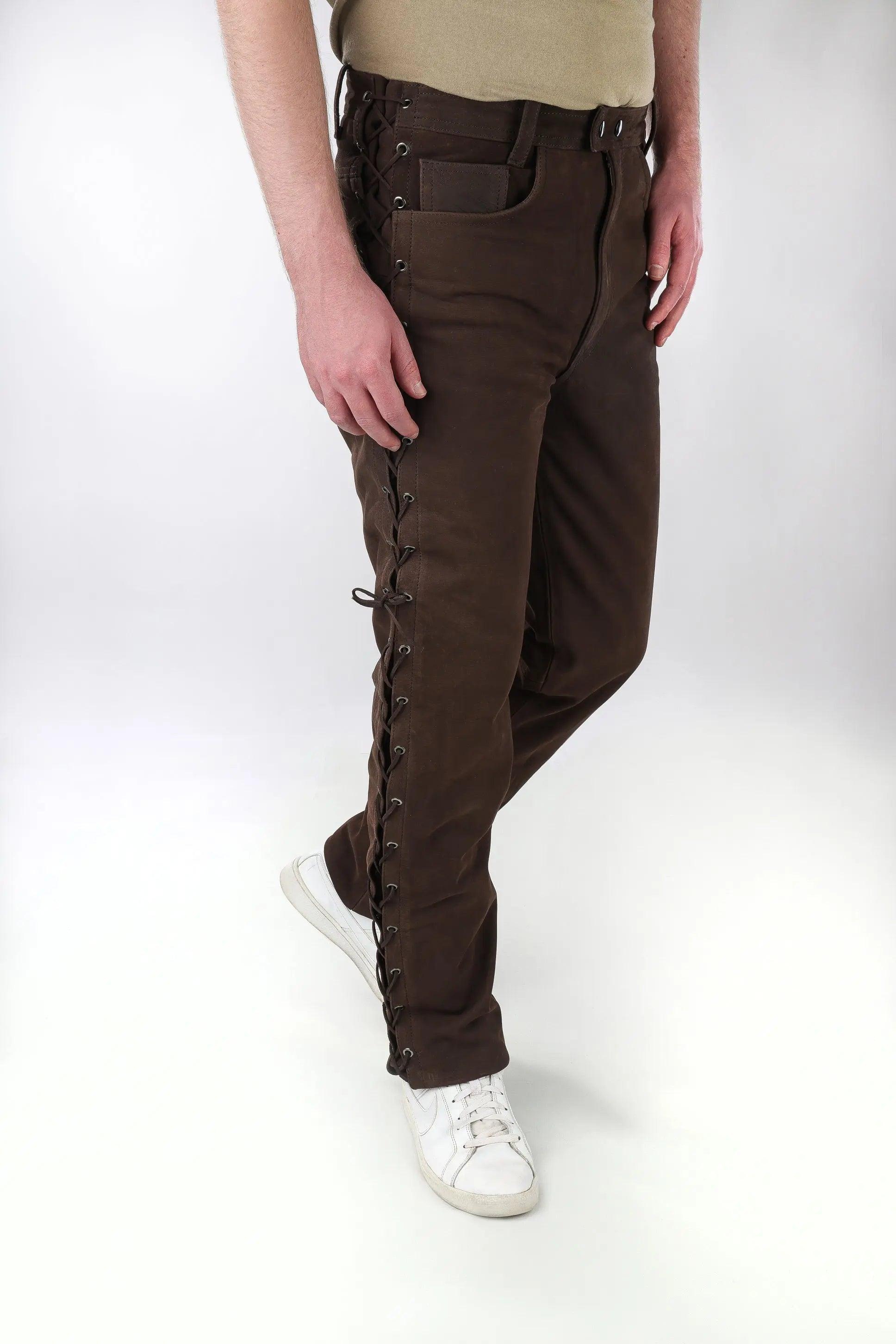 Tschul Schnürhose Lederhose Rind Nubuk Leder – Braun / 40