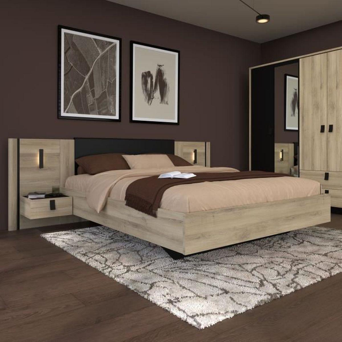 Parisot Meubles SAS Bett mit 2 Nachttischen - KIERAN - 160 x 200 cm - Eiche / Schwarz - PARISOT