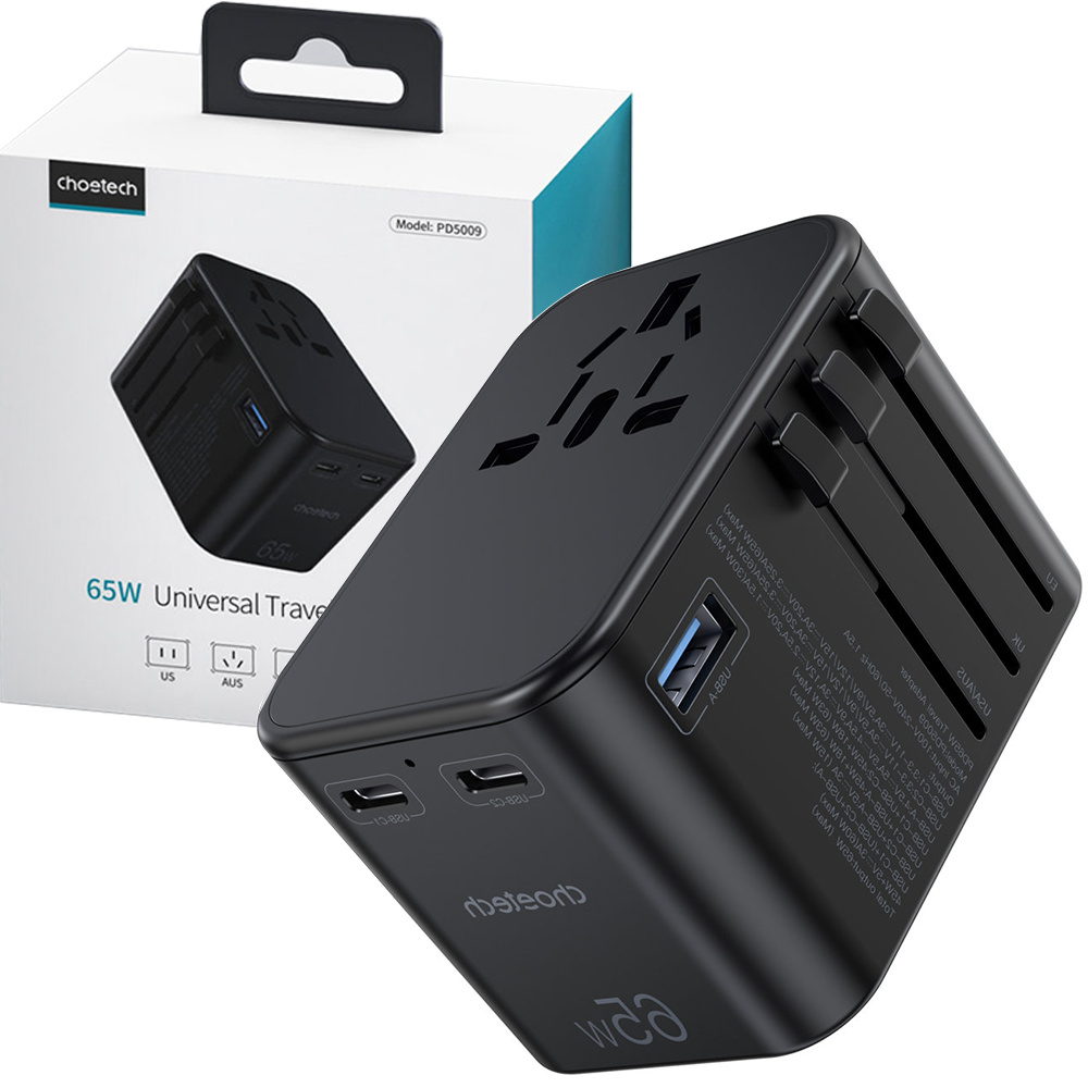 Choetech PD5009-BK GaN EU / US / UK / AU 2x USB-C USB-A 65W PD cestovn adaptr - ierny