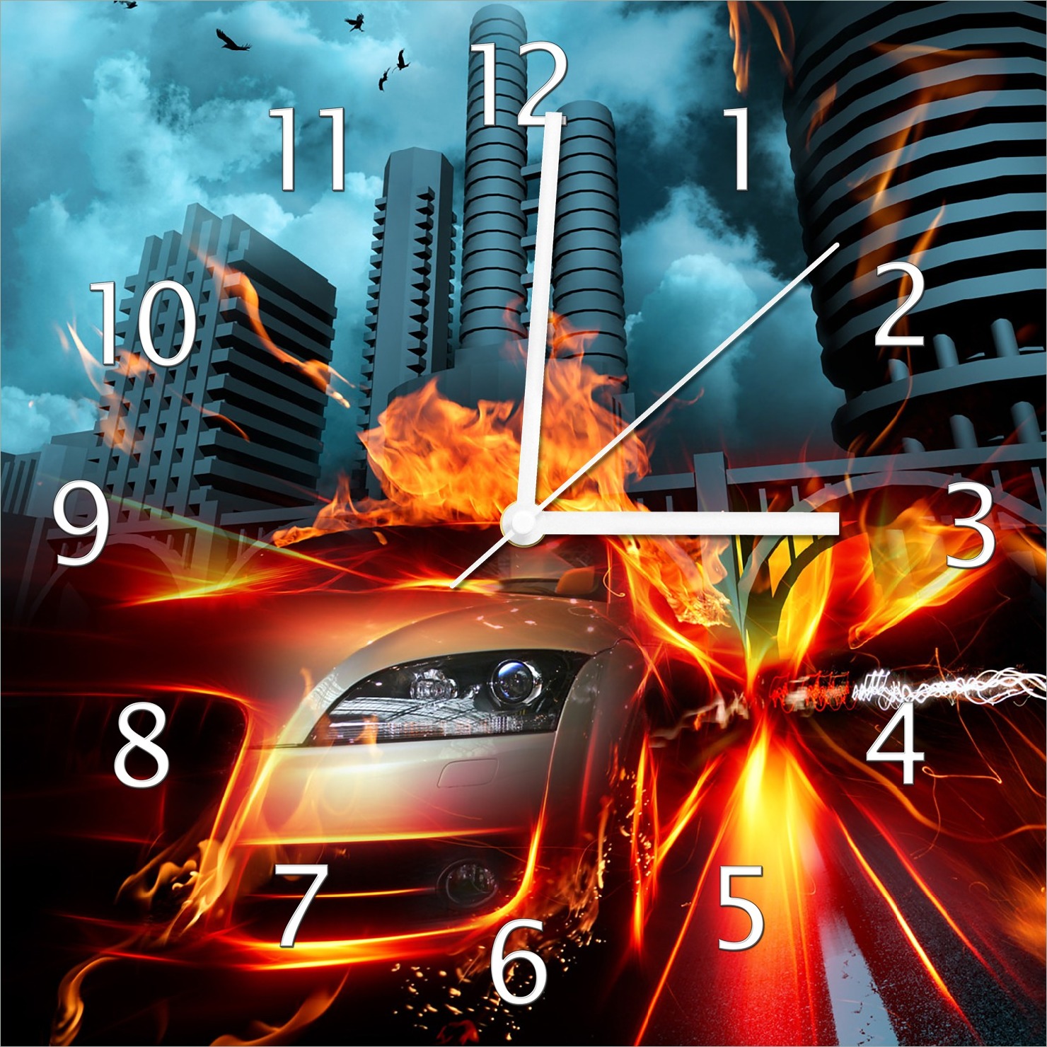Wallario Design Wanduhr Brennendes fahrendes Auto aus Echtglas, Größe 30 x 30 cm guk0100-3030