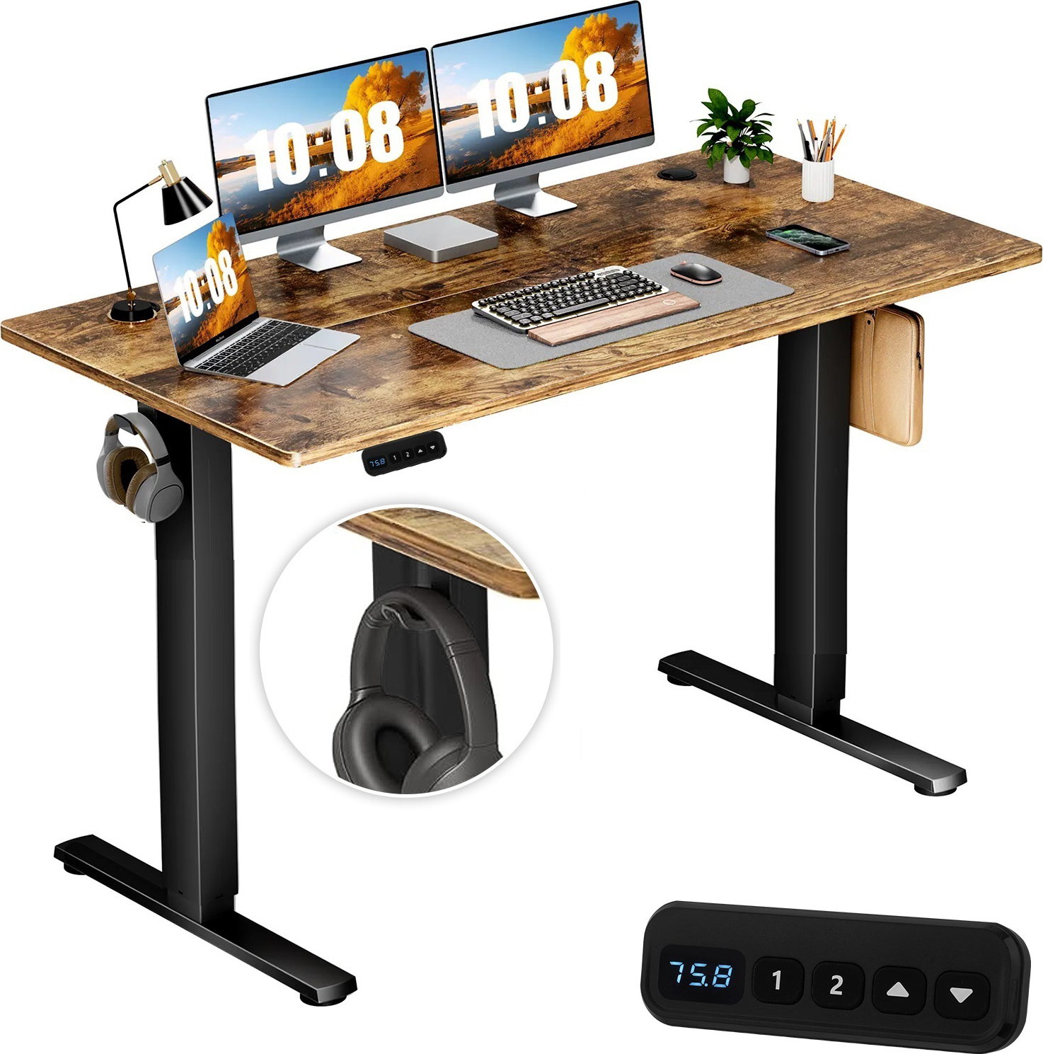 Höhenverstellbarer Schreibtisch (140x60cm). Sitz Steh Schreibtisch mit 2 Memory Steuerungen und Kollisionsschutz.Elektrisch verstellbarer Schreibtisch