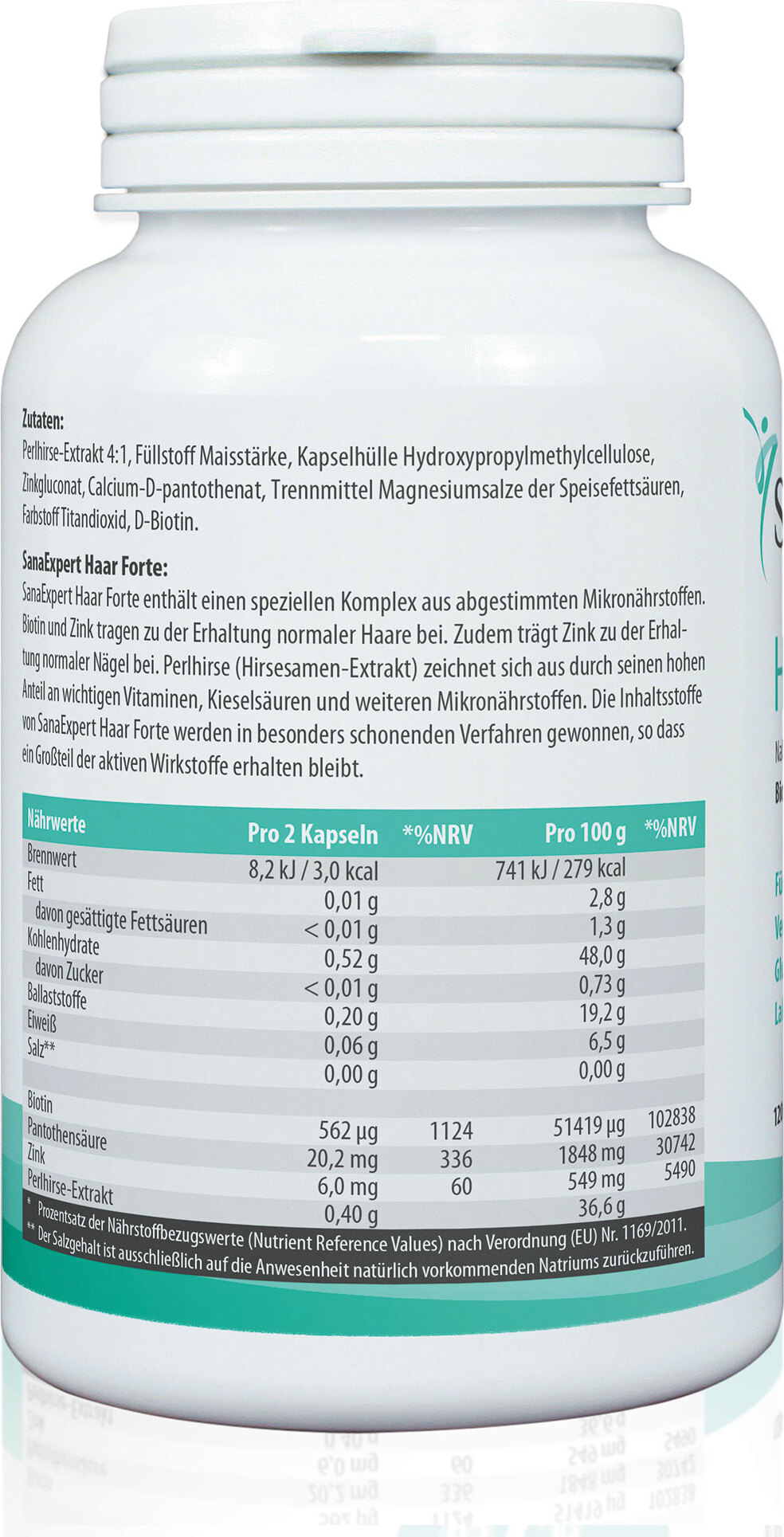 SanaExpert Haar Forte, Nahrungsergänzung für Haare und Haarwurzel, Perlhirse, Biotin und Zink, 120 Kapseln