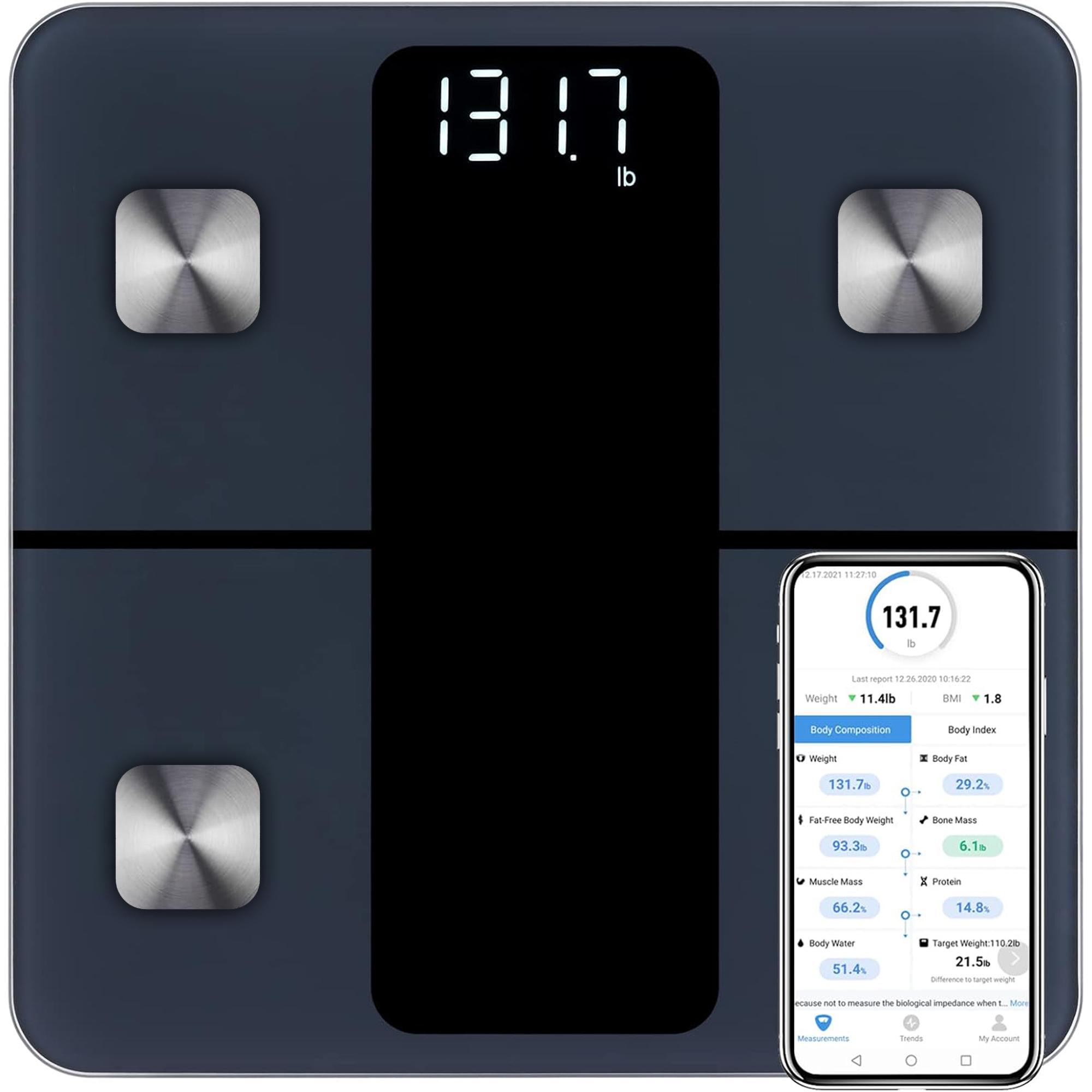 Sross Personenwaage Körperfettwaage, Waage Personen mit App 180 kg/400 lbs, Körperwaage Digital Bluetooth Körperanalysewaage für Körperfett, BMI, Muskelmass