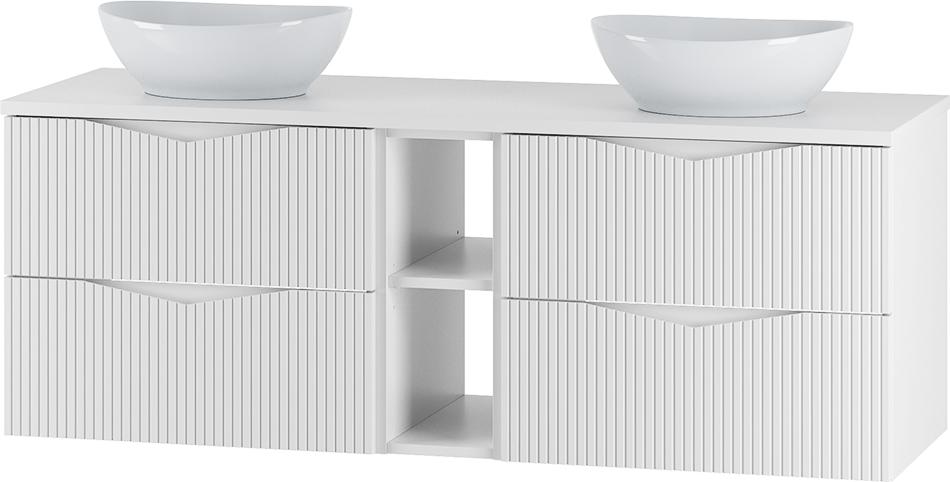 Badezimmer Doppelwaschtisch mit 140 cm Breite in weiß mit gerillter Front, 4 Schubladen & 2 Fächer - CALURI-140