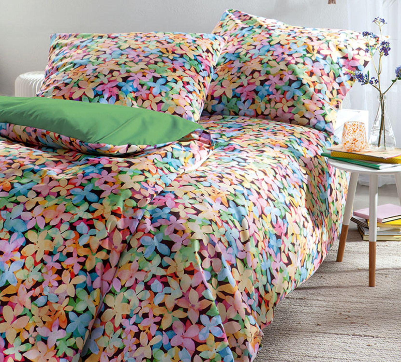 Sympathica Satin Bettwäsche Rainbow Flowers Blüten bunt Wende grün 155x220 cm