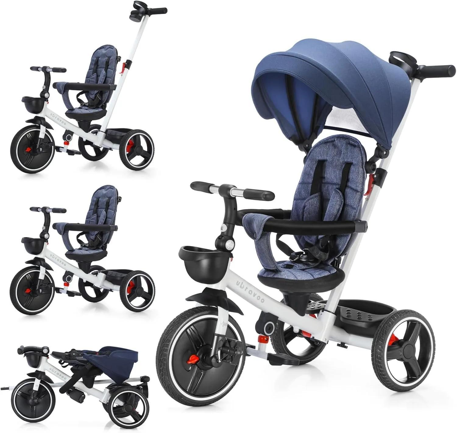 StarTech Kinder Dreirad - HLF-6018 - 5-in-1 - Schiebestange - Liegesitz - 3-Punkt-Gurt - Sonnendach - 1–5 Jahre - Marineblau