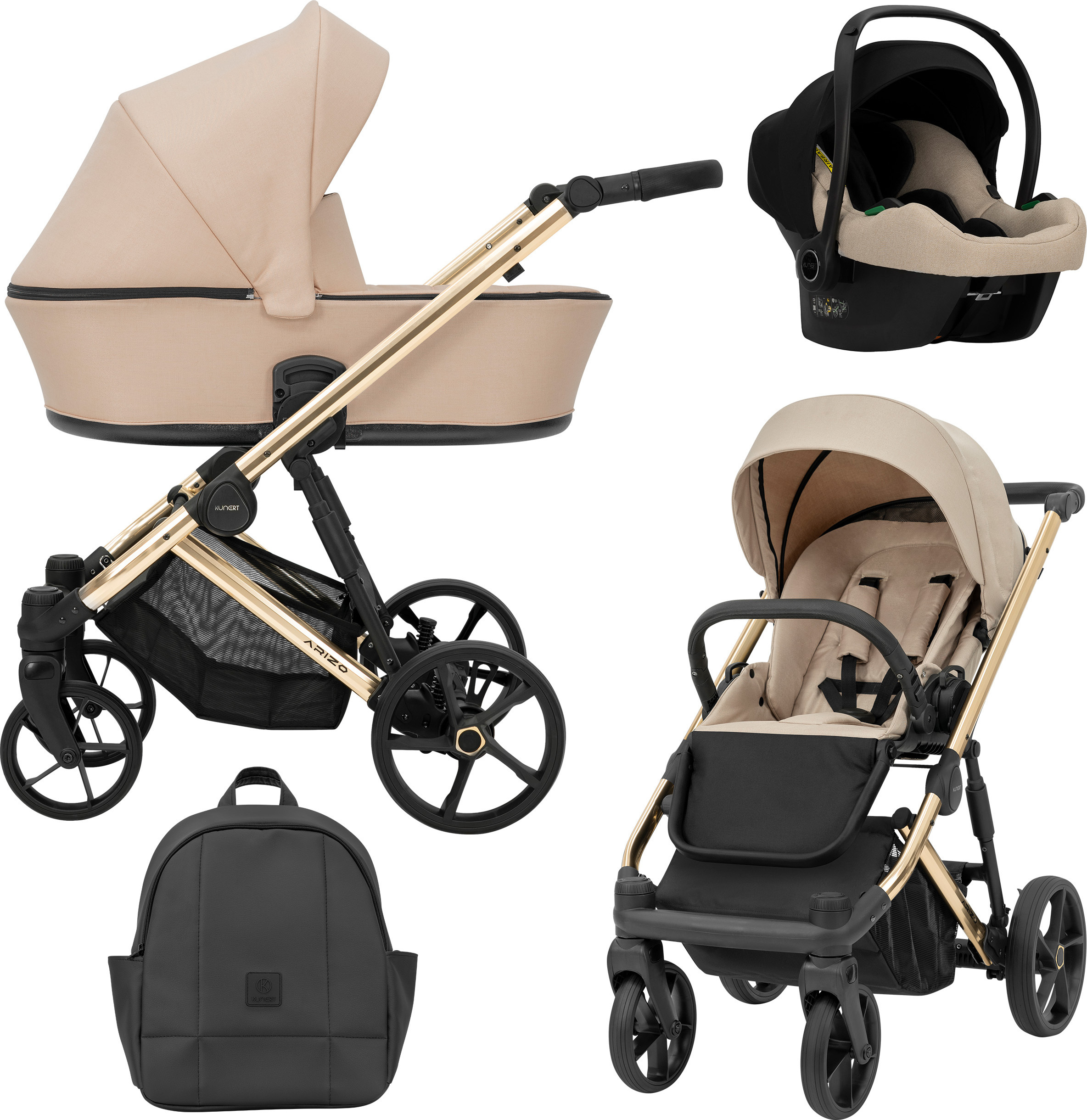 Kunert Kinderwagen ARIZO Sportwagen Babywagen Babyschale Komplettset Kinder Wagen Autositz Set 3 in 1 (Cream, Rahmenfarbe: Gold)