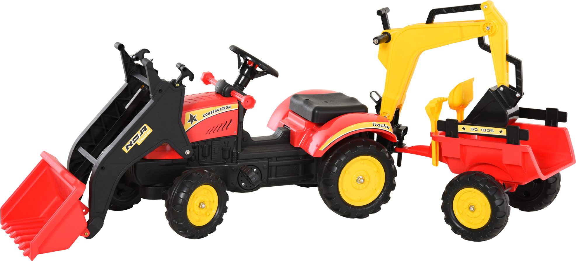 HOMCOM Trettraktor mit Anhänger Tretbagger Traktor mit Frontlader Kindertrettraktoren ab 3 Jahre Bagger Kinder Stahl Kunststoff Rot 179 x 42 x 59 cm 341-033