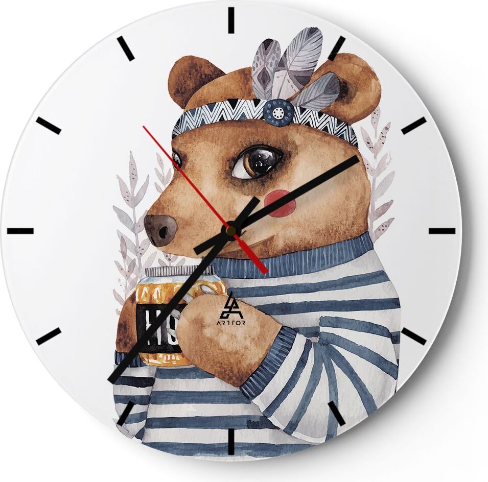 Arttor Wanduhr - Rund - Glasuhr - Anthropomorphisierung Bär Kinder - 30x30cm - Schleichendes Uhrwerk - Lautlos - zum Aufhängen bereit - Dekoration Modern - Wanddekoration aus Glas - C3AR30x30-4367