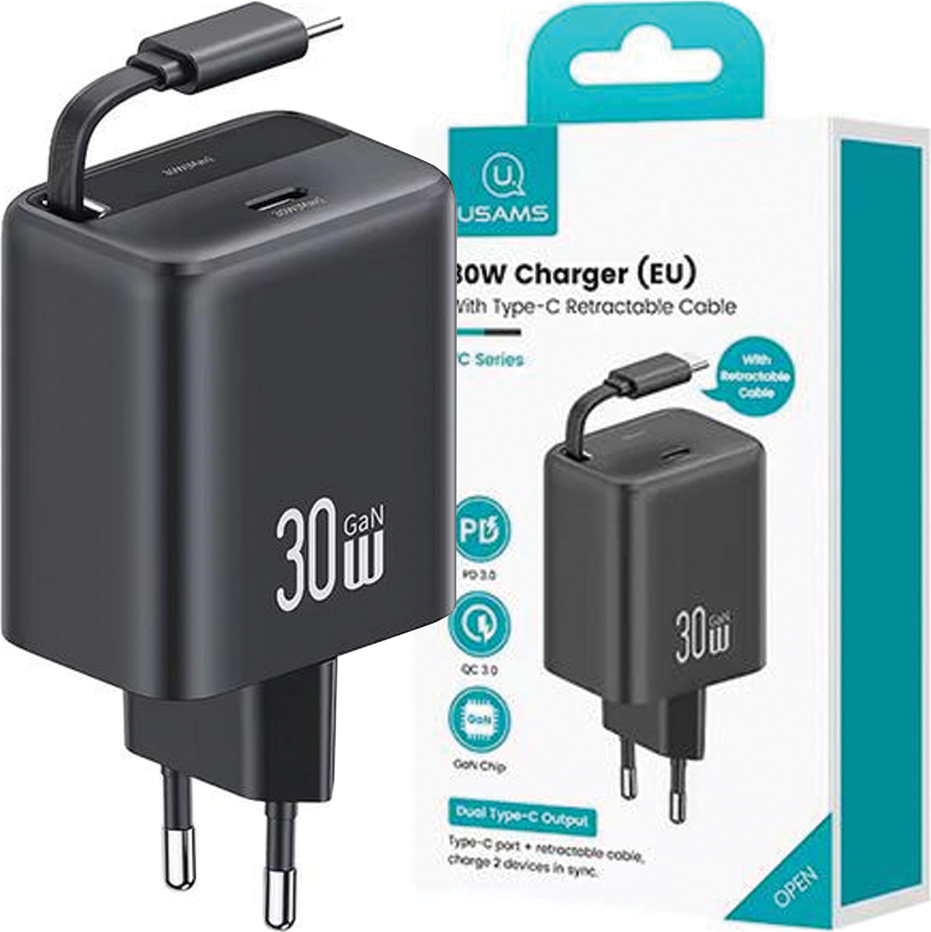 Usams Lad. Siete. 1Xusb-C So Zaťahovacím Usb-C Zaťahovacím Pd+Qc 30W Gan Rýchlonabíjacím Káblom Čierny/Čierny Yc Séria Cc241Tc01 (Us-Cc241)