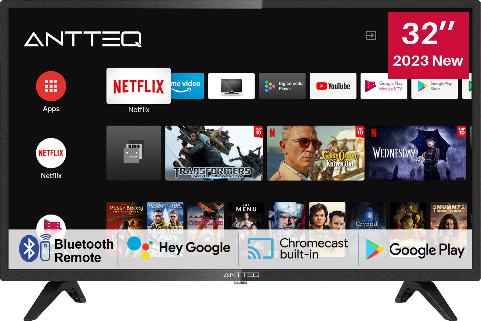 Antteq AG32H3 TV 32 Zoll(Fernseher 80cm) Smart TV, Andriod TV LED HD Ready, Dolby Audio, Google Assistance, Bluetooth, DVB-C/S2/-T2, Google Play, Wifi