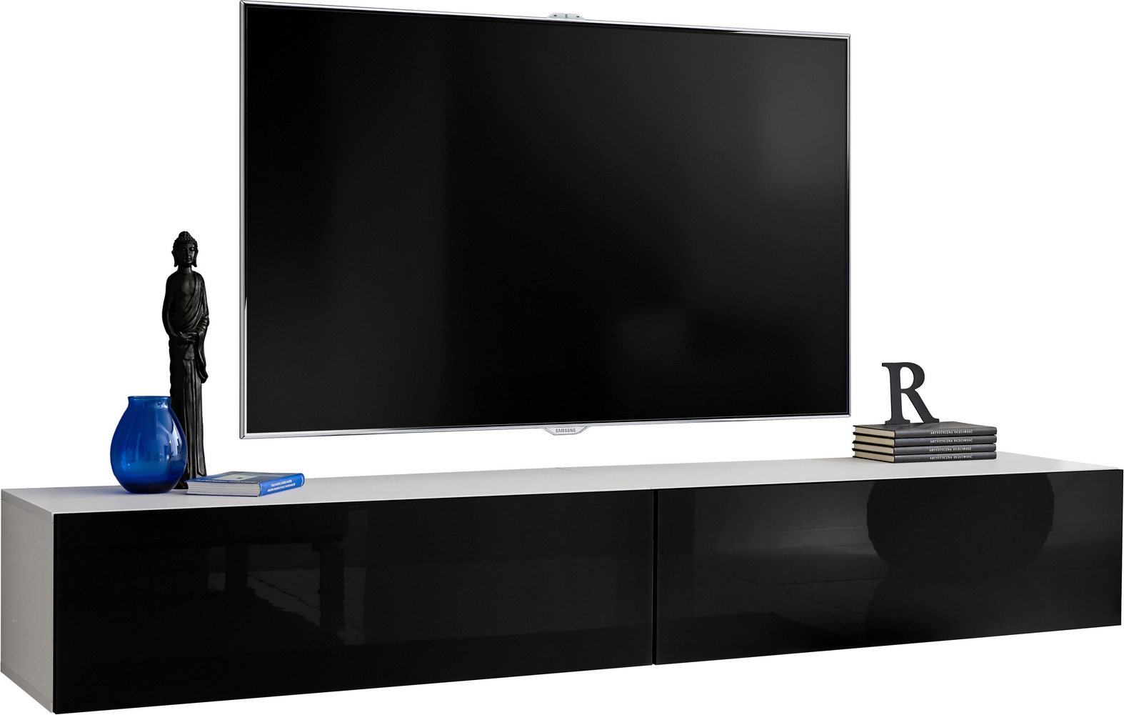 Extreme Furniture Komodee | TV-Bank Loreto Zwei Hängeschränke, Korpus Weiß Matt Frontfarbe Schwarz Hochglanz T34-200cm - White/Black