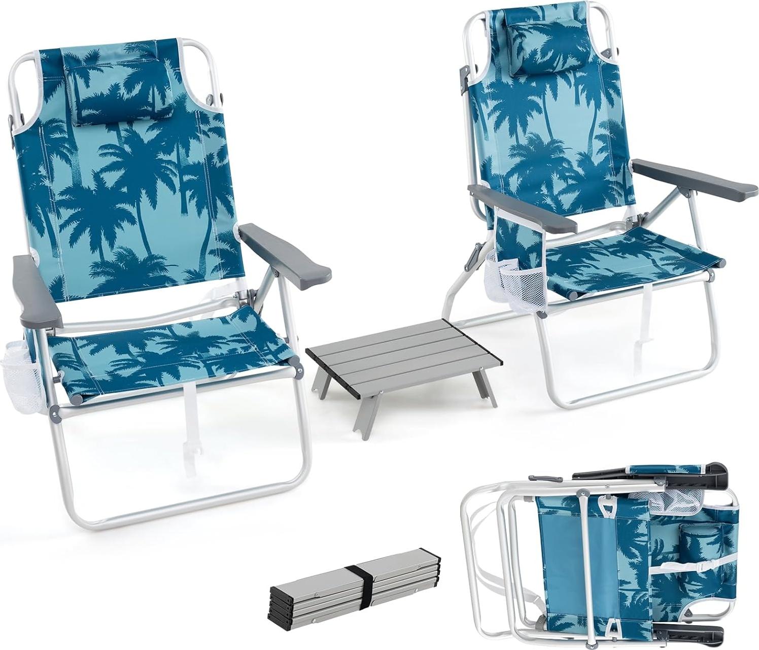 Plážové kreslá KOMFOTTEU skladacie so stolíkom, kempingové kreslá s opierkou hlavy a nastaviteľným operadlom, plážové kreslo s balením ľadu a držiakom nápojov a úložnou taškou do 136/150 kg (model 2, modrá)