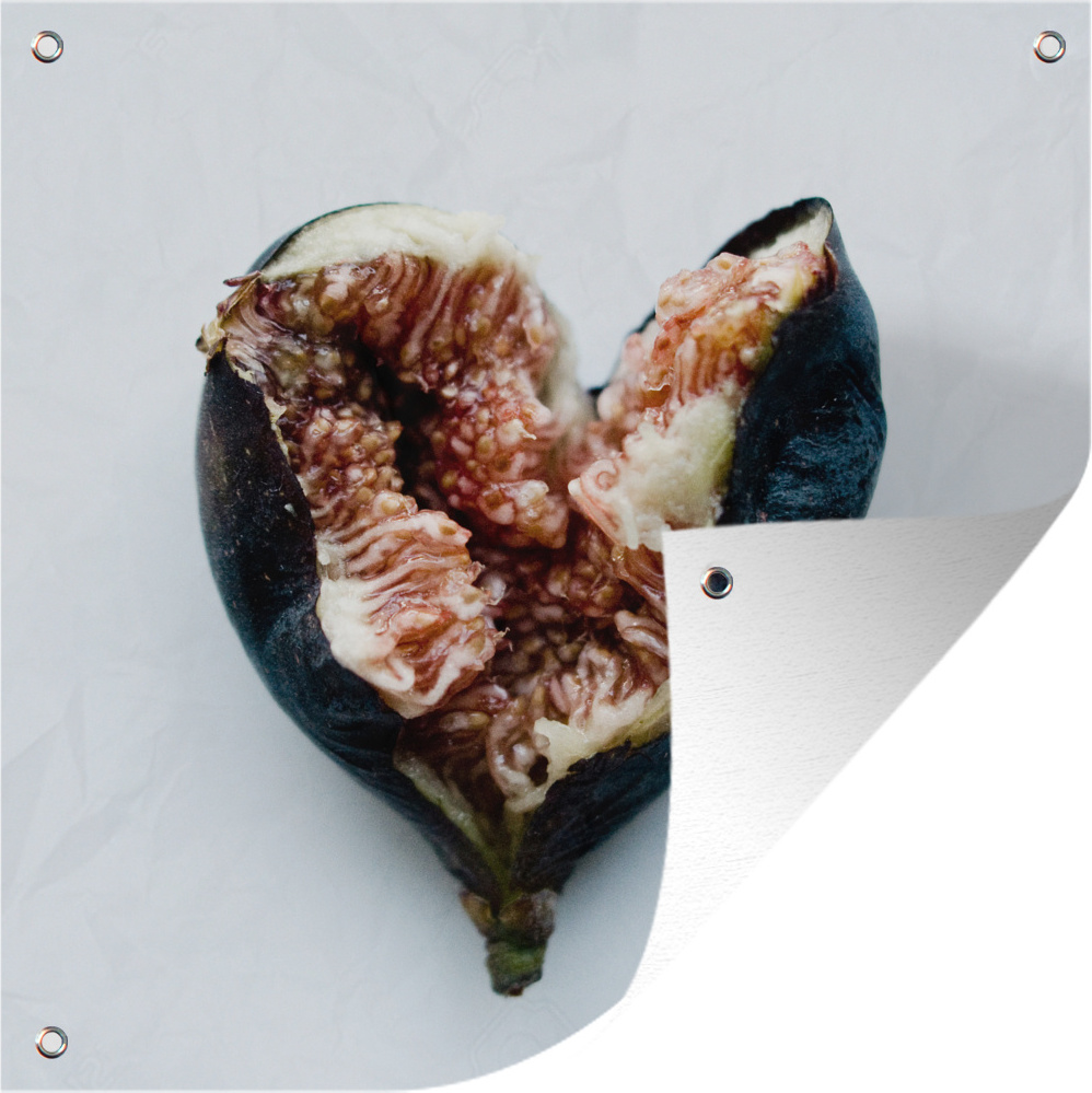 MuchoWow® 50x50 cm Outdoor-Poster Gartendeko Sichtschutz Garten Poster für den Garten Eine zerquetschte, aber schöne Feige auf einem weißen Hintergrund in Form eines Herzens 133|1302772