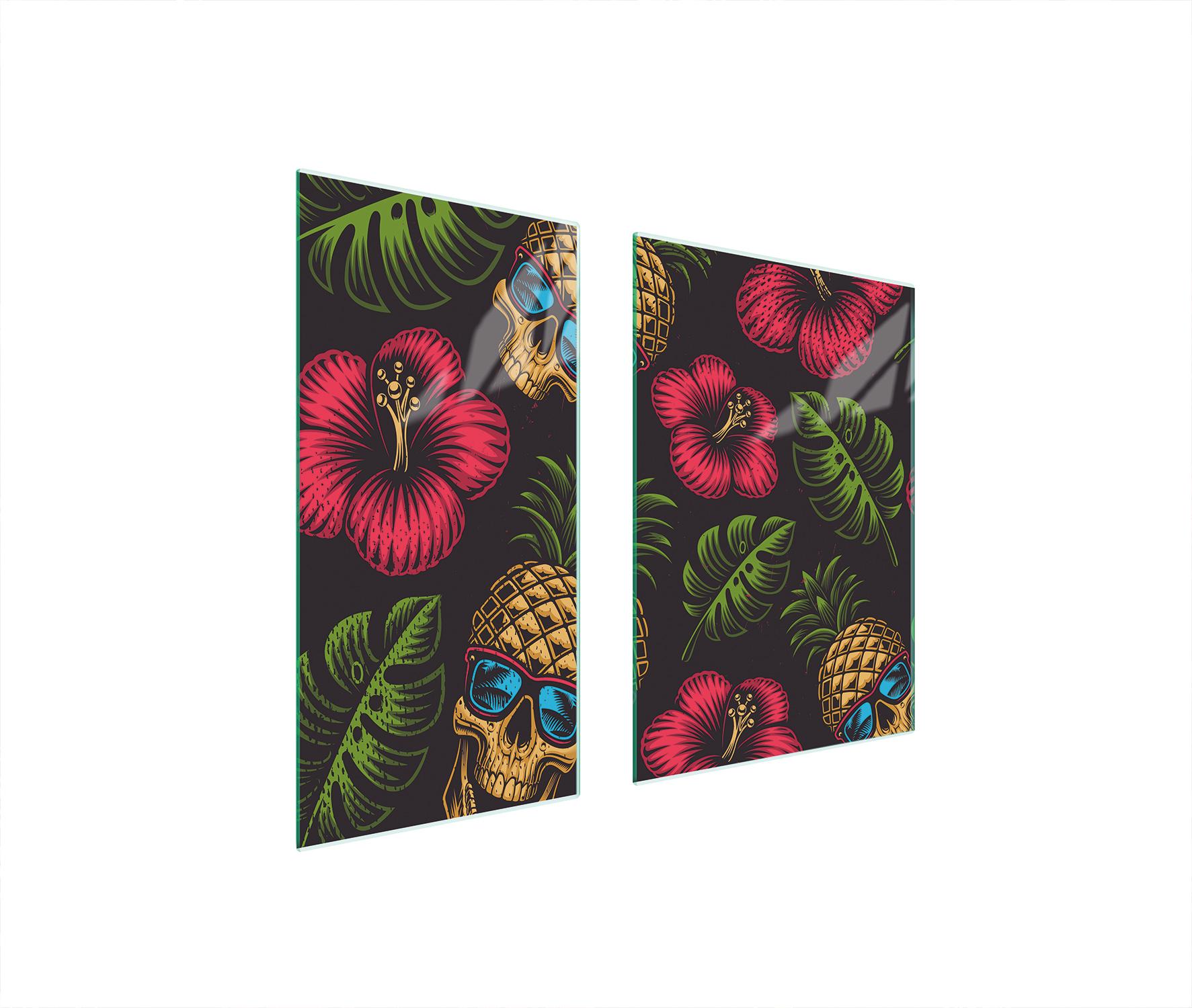 TMK ArtDeko Herdabdeckplatten 2 teilig 75x52 Ceranfeld Abdeckung Glas Schneidebrett Schädel Blume