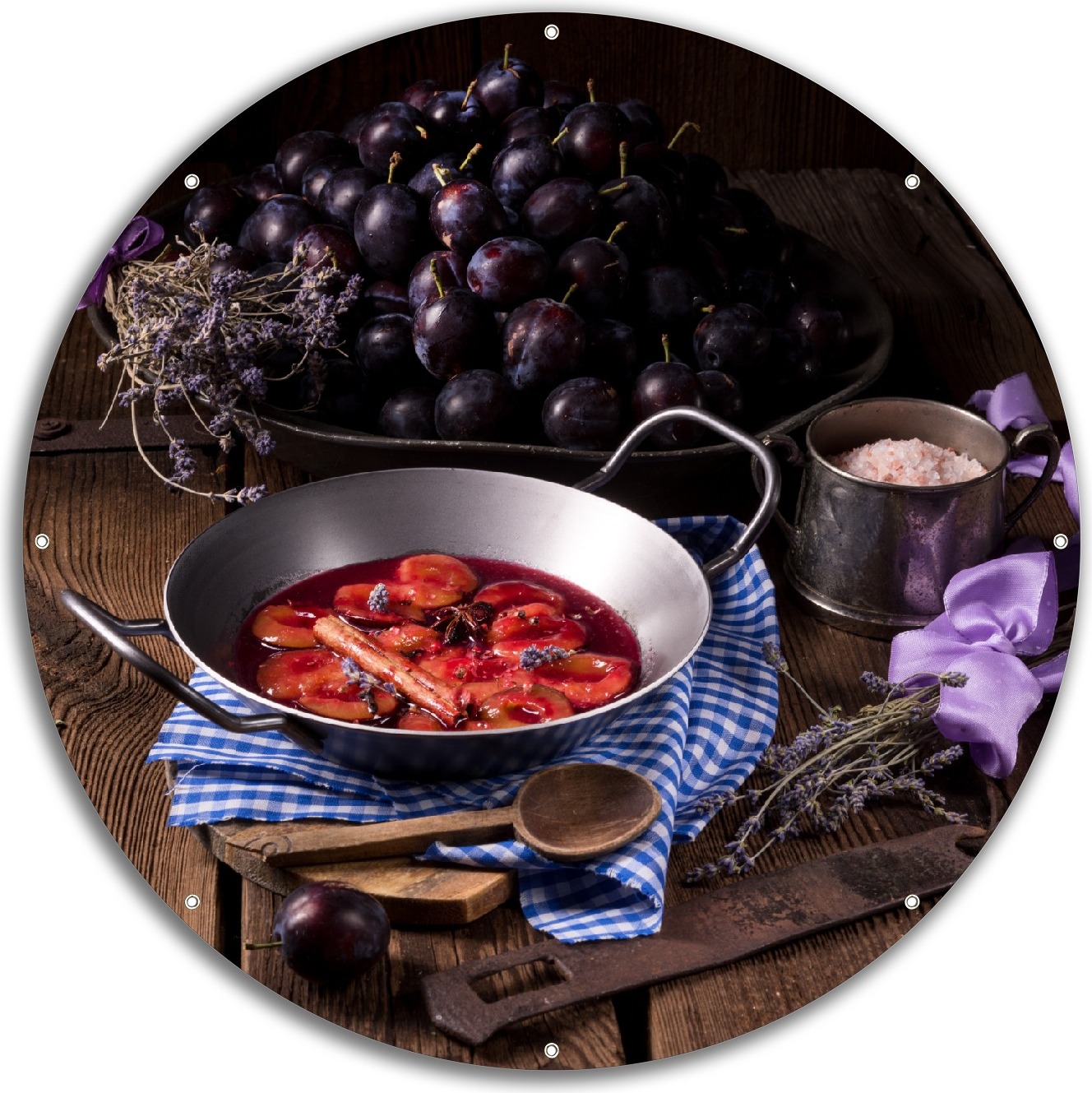 Wallario rundes Outdoor-Poster für Garten oder Balkon, Motiv Frisches Pflaumenkompott mit Gewüzen, 60 cm Durchmesser ruban5325-6060