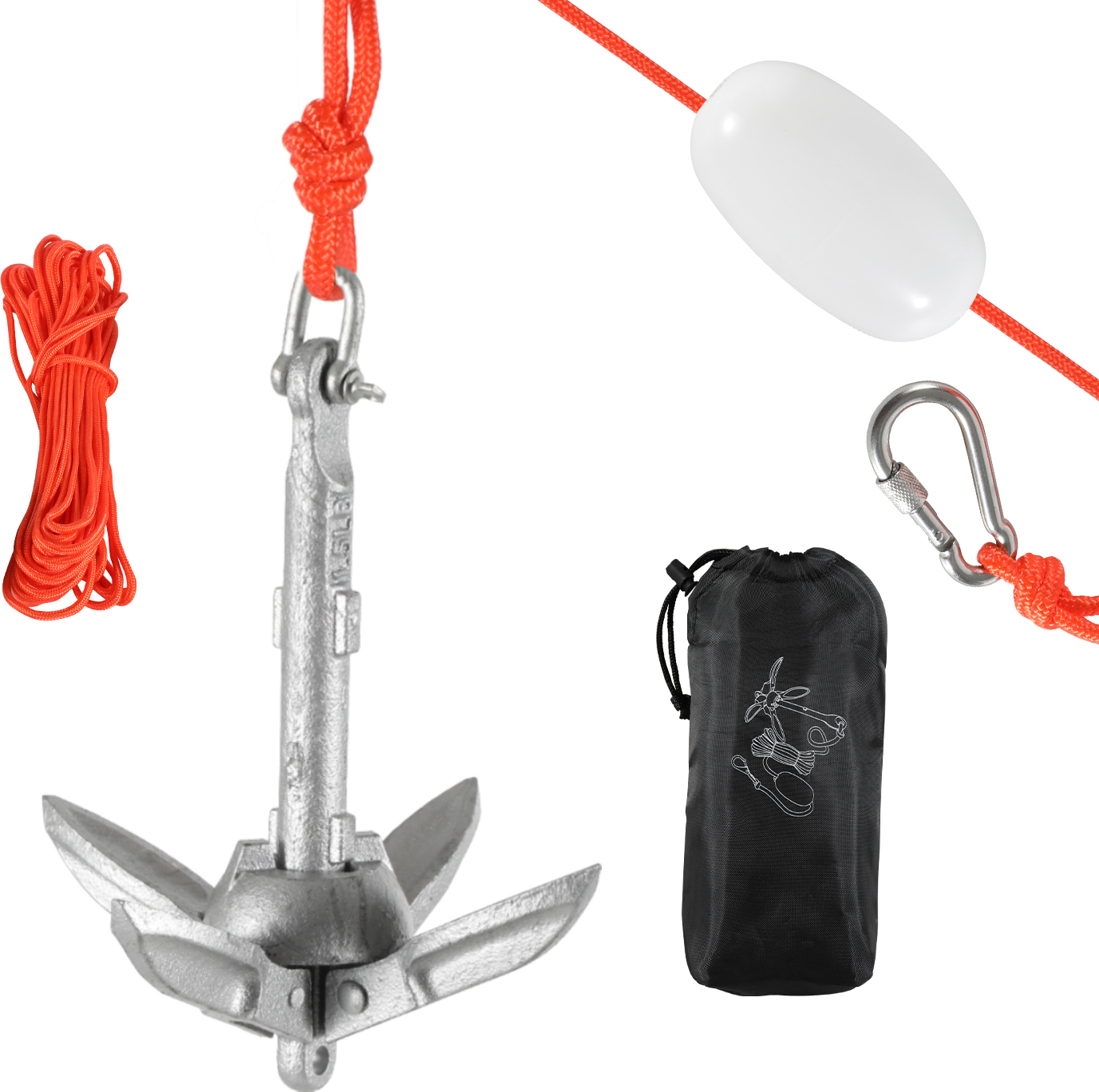 Clanmacy Bootsanker "Faltanker" klappanker Boot mit Ankerleine Ankerboje Karabiner und Transporttasche für Kajak Kanu 0.7kg RL-SG10269-1-GD