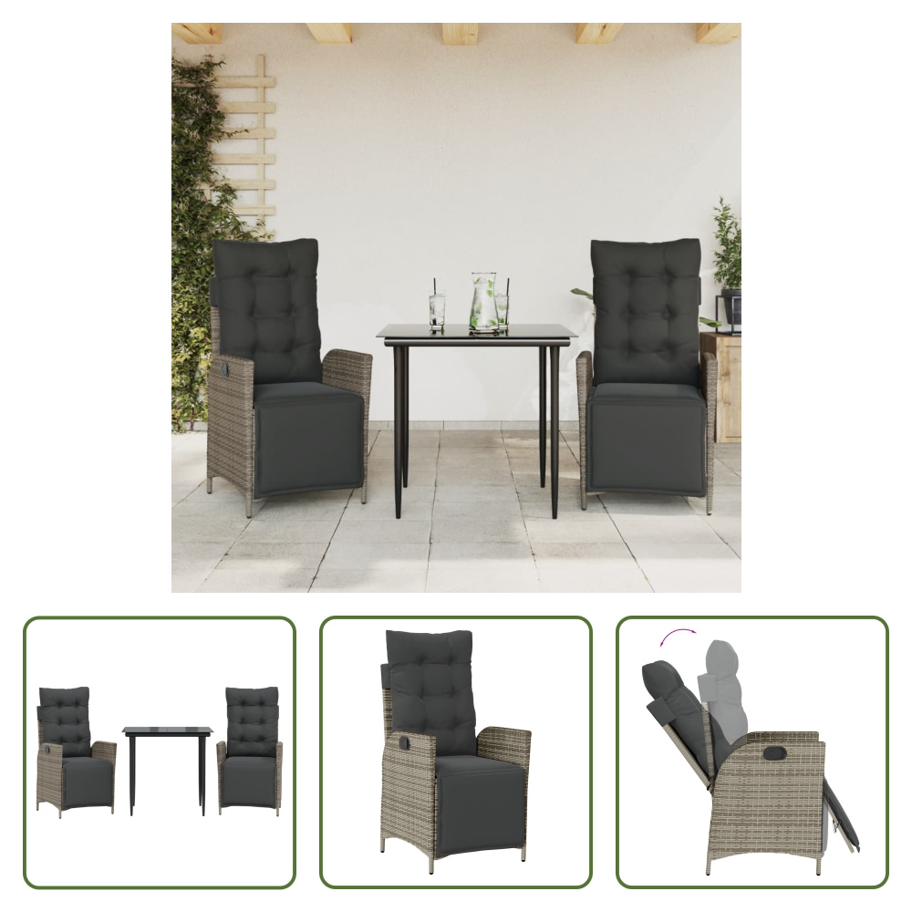 The Living Store 3-dielny záhradný jedálenský set s vankúšmi sivý polyratan