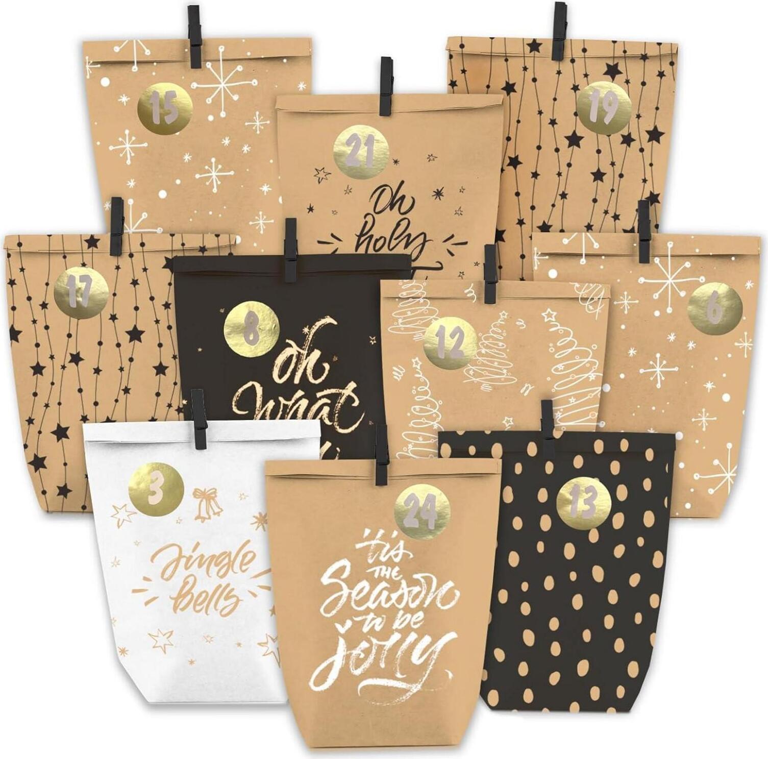 Adventný kalendár na naplnenie 24 vianočných kalendárov papierové vrecká kraftový papier hnedý