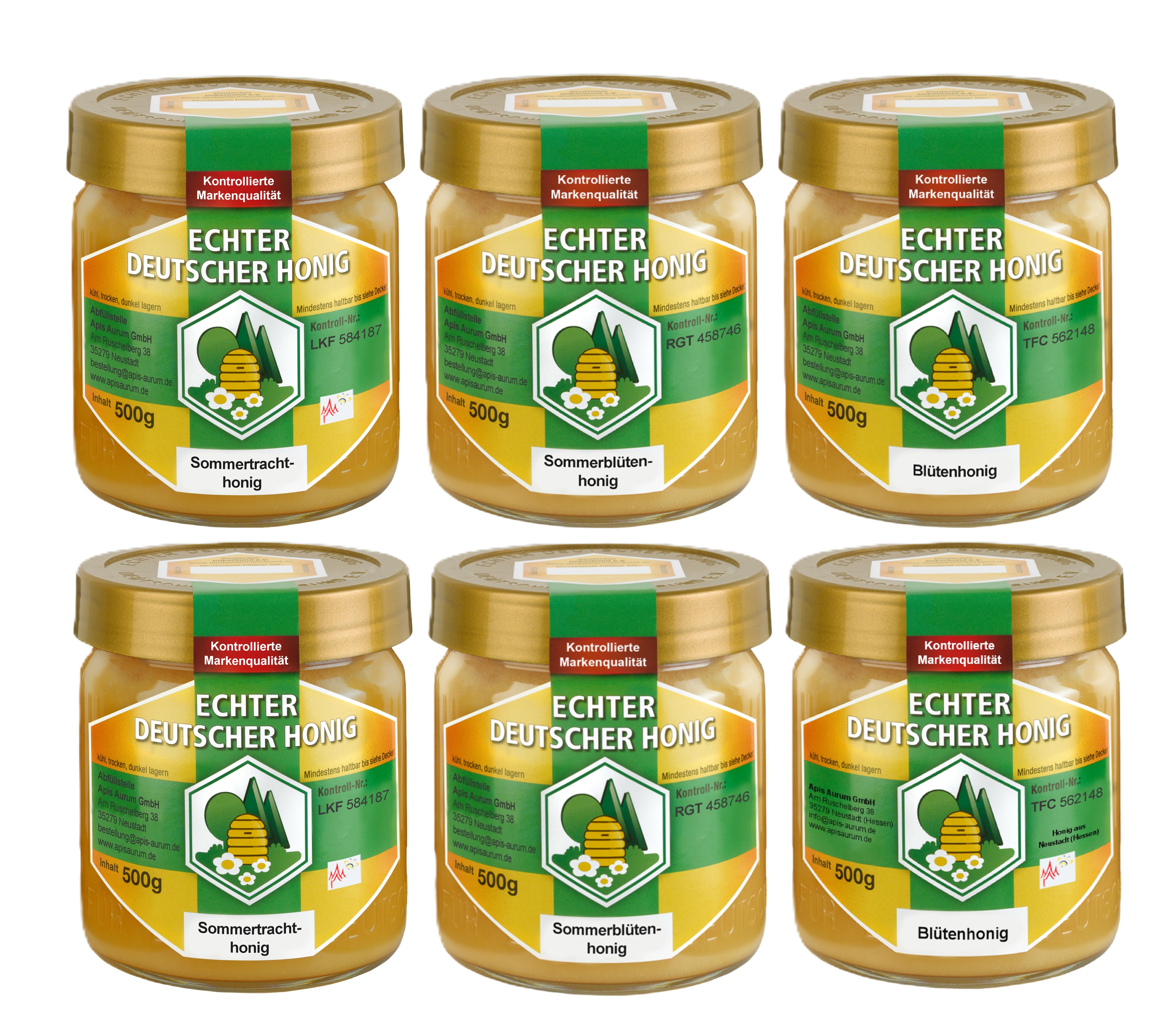 Apis Aurum GmbH Echter Deutscher Honig - 6 Gläser - Set aus je 2x 500g Blütenhonig, Sommerblütenhonig, Sommertracht…