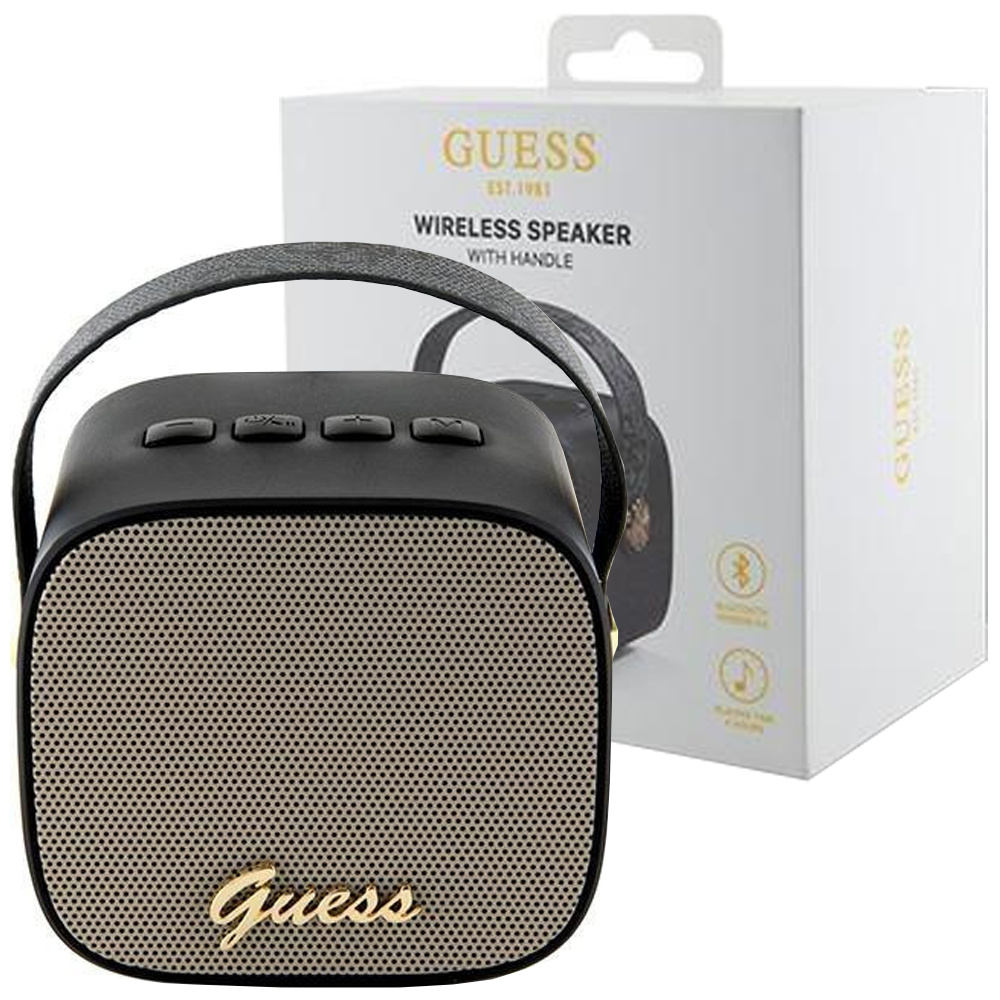 Guess Mini Bluetooth reproduktor 4G Leather Script Logo s remienkom - Bluetooth reproduktor V5.3 (čierny)