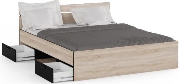 Doppelbett, DEMEYERE MICHIGAN, 160 x 200 cm, Gebürstete Eiche und Schwarz, 2 Schubladen und 1 Nische CAL1741266861345