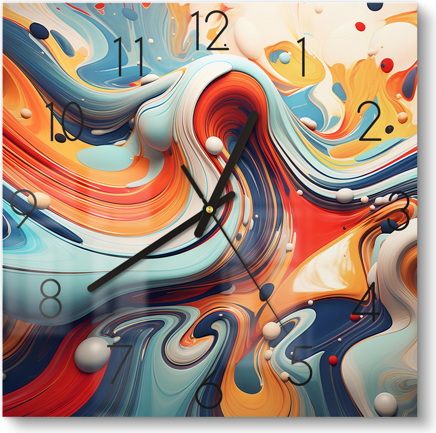 DEQORI Glasuhr 30x30 cm Zahlen 'Fluides Echo' Wanduhr Glas Uhr Design leise Küchenuhr WC-30-30-N-3742