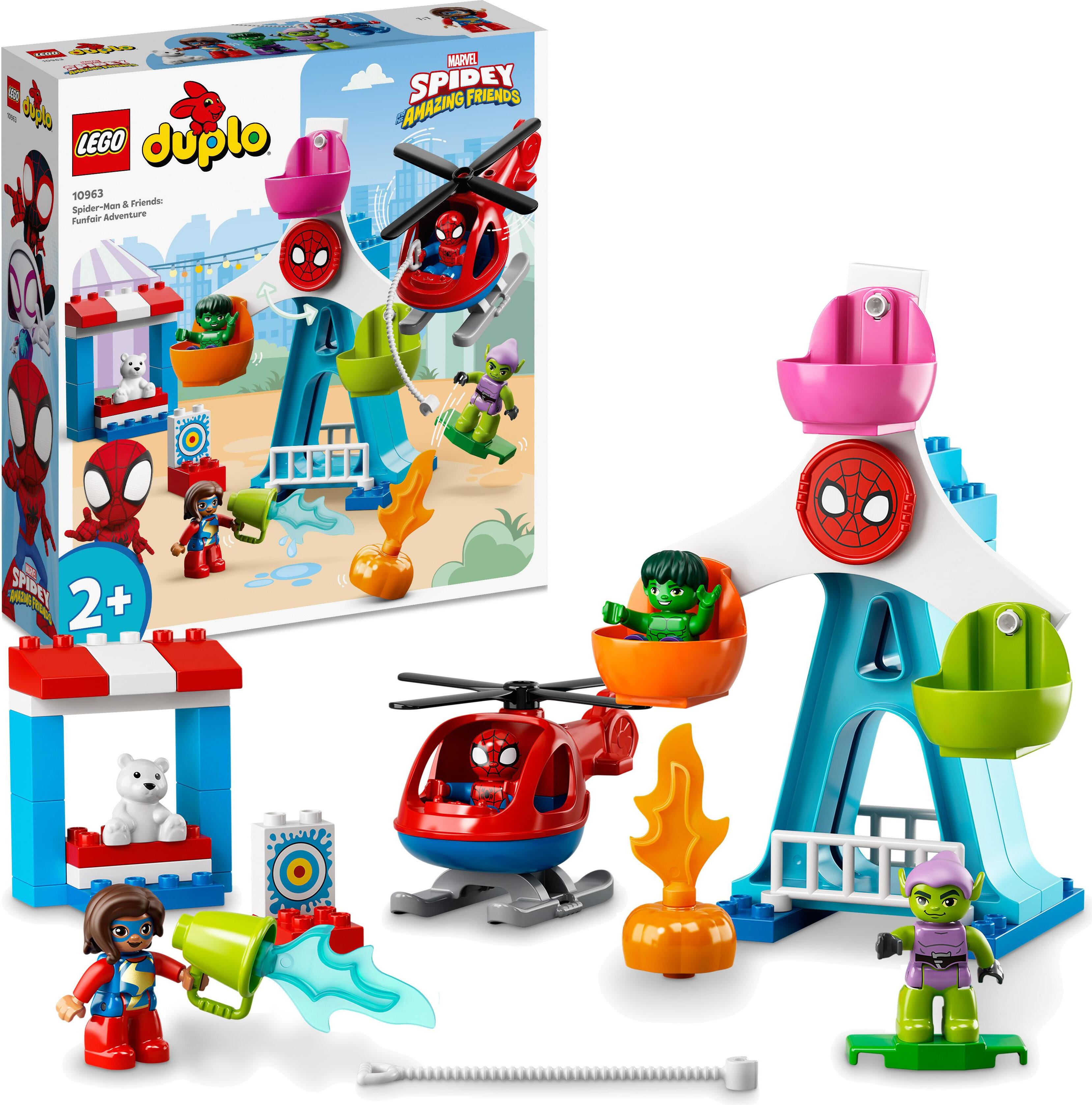 LEGO 10963 DUPLO Marvel Spider-Man & Friends: Jahrmarktabenteuer, Freizeitpark mit Spielzeug-Hubschrauber, Hulk und Green Goblin Figur, ab 2 Jahre