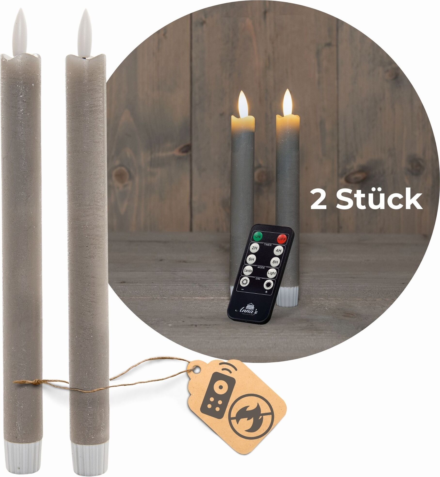 LED Stabkerzen Mit Timer 2er-Set - Echtwachs Optik 23cm Grau Flackernde Flamme