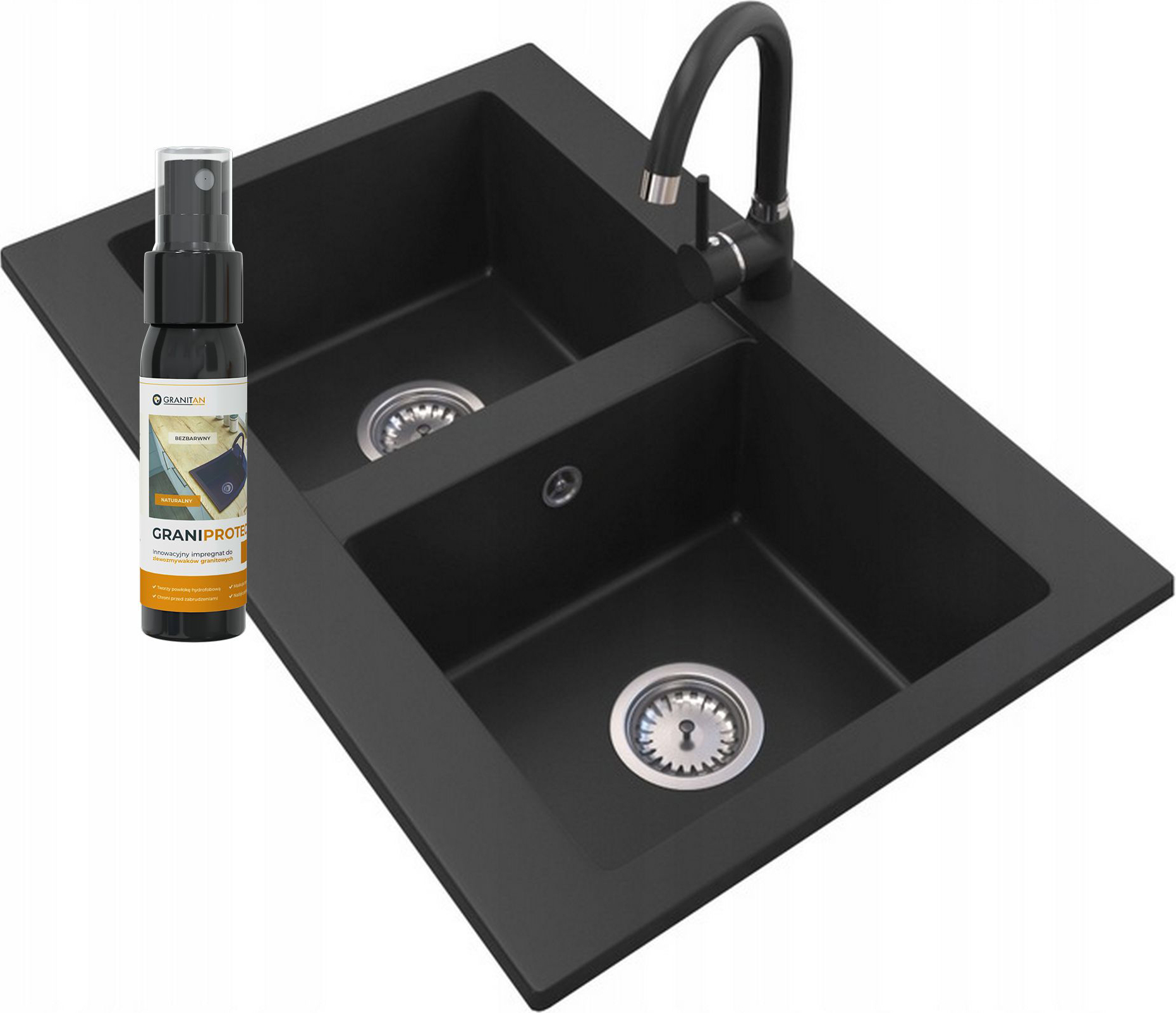 Granitar Granitan | Granitspüle VERSO - 2 Kammern - Schwarz - inkl. Küchenarmatur und Pflegeprodukt