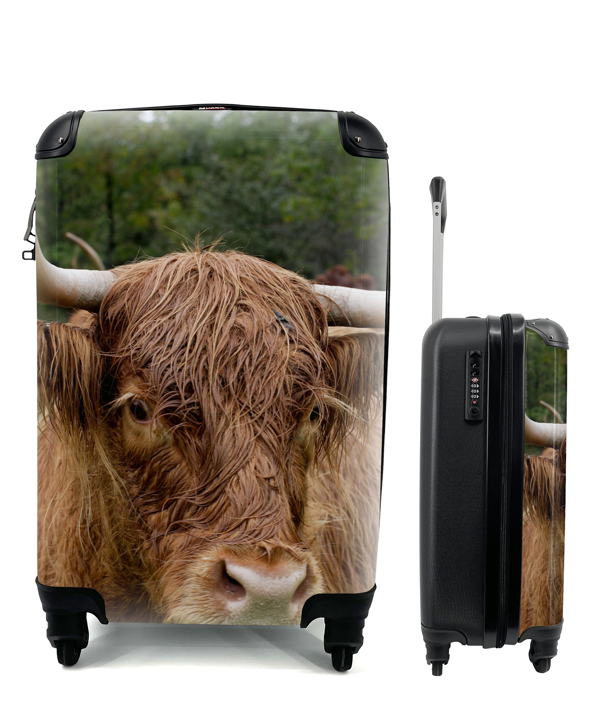 MuchoWow® Koffer Handgepäck Trolley Rollkoffer Kleine Reisekoffer mit 4 Rollen - Schottische Highlander - Tiere - Gras - Cabin Size < 55x40x23 cm & 55x40x20 cm - Fotokoffer - Kabinenkoffer - Boardgepäck - Reise-Box - Reisekoffer - Reisegepäck - Koffer mit Bild - Trolley für Kinder 68|298990831