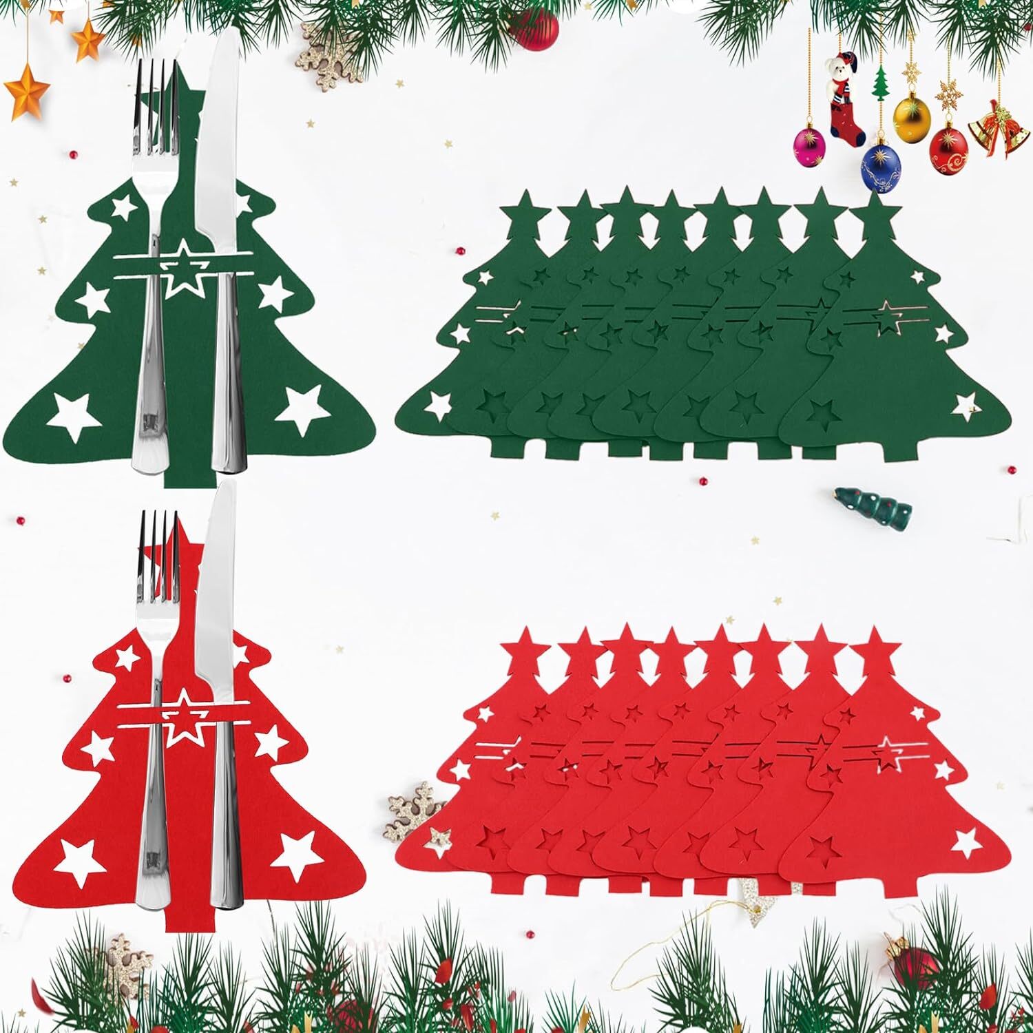 Ensemble De 6 Porte-couverts De Noël En Tissu Non Tissé Rouge - Pour Décorer La Table De Fête