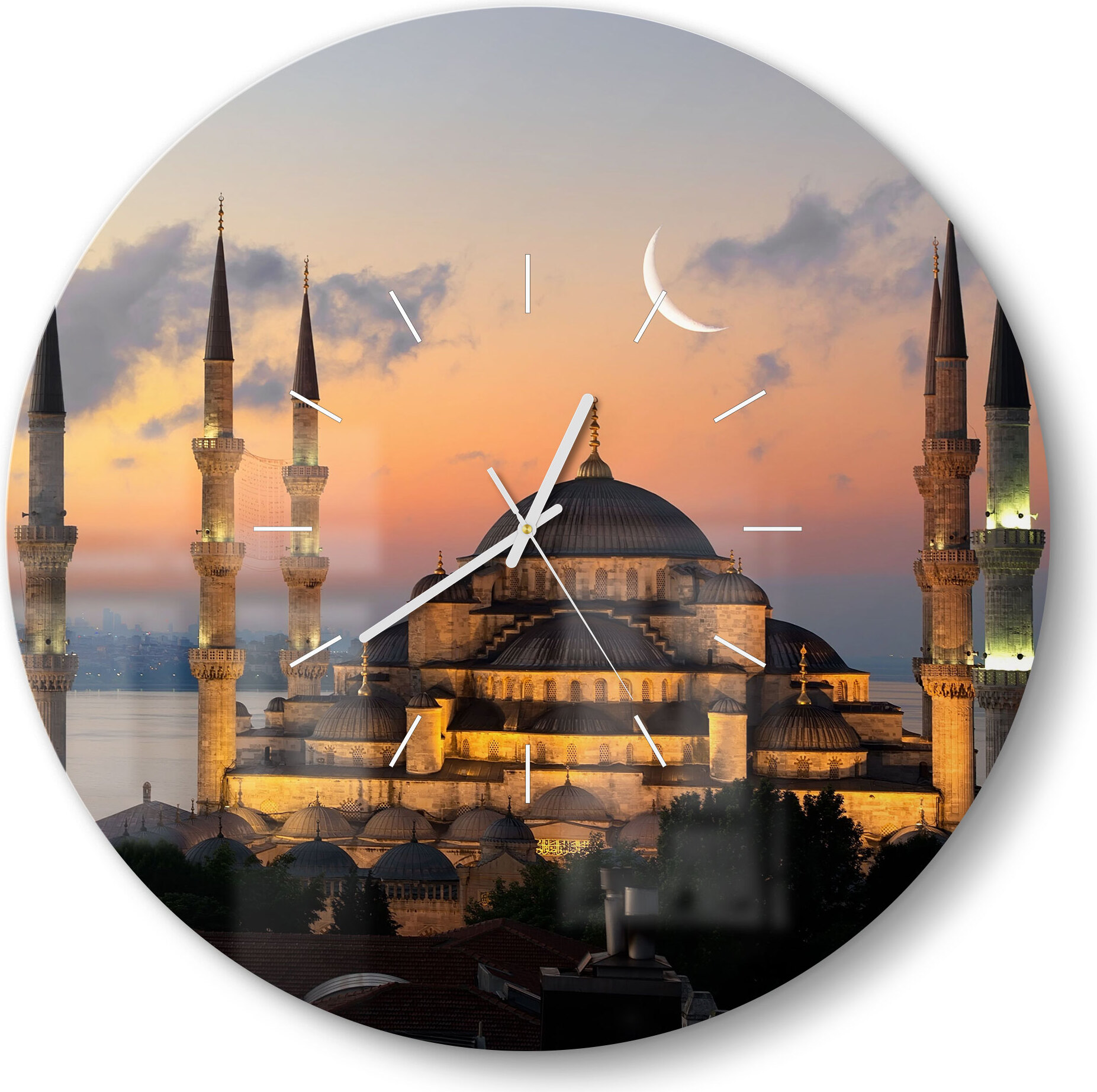 DEQORI Glasuhr Ø50 cm Modern 'Mondsichel über Moschee' Wanduhr Glas Uhr Design leise WC-D50-M-1719