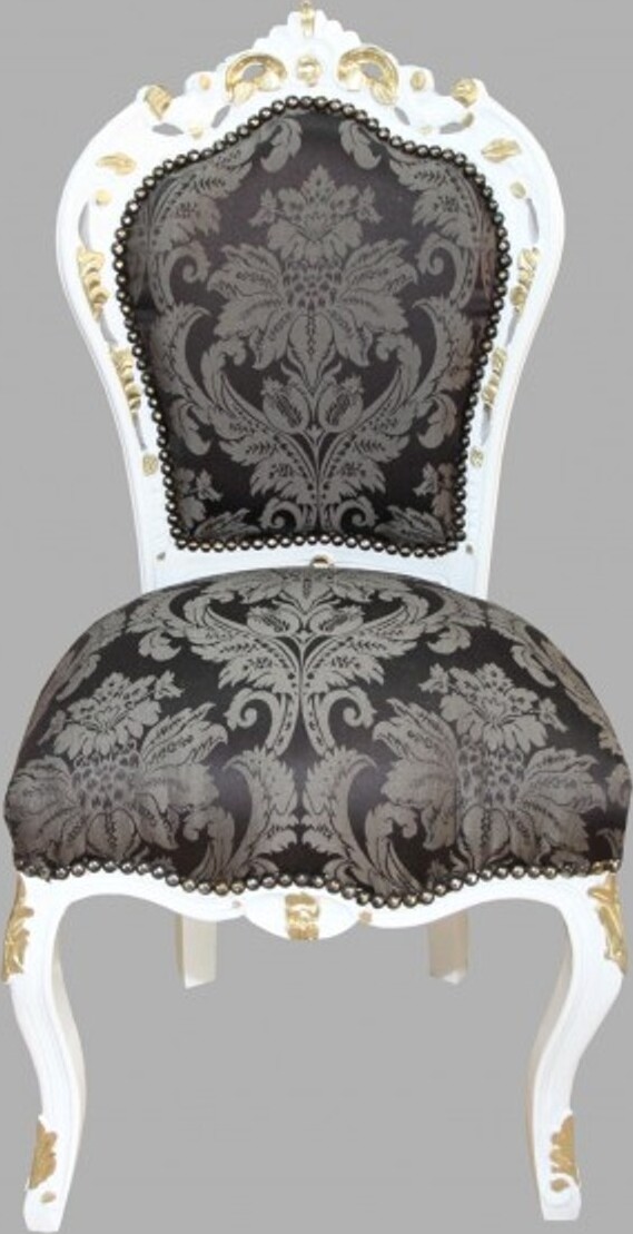 Demotex GmbH Casa Padrino Barock Esszimmer Stuhl Schwarz Muster / Weiß / Gold - Möbel Antikstil