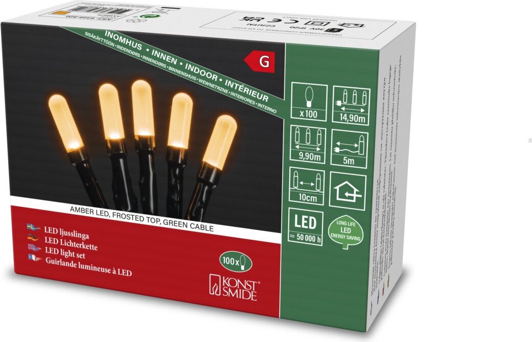 Konstsmide 6348-820 Micro LED Lichterkette, slim frosted, 100 bernsteinfarbene Dioden, 30V, Innen, 3,6W, grünes Kabel