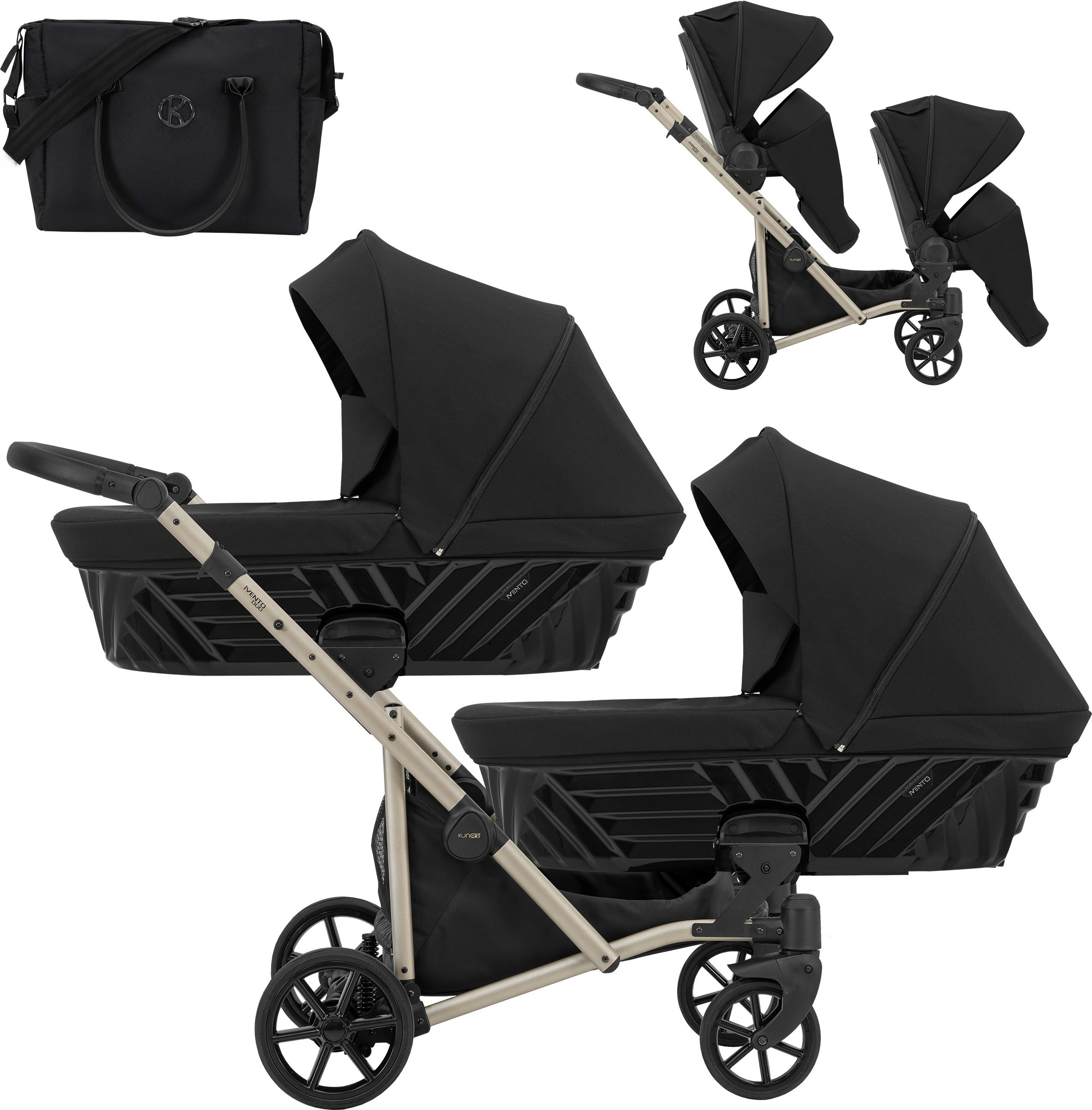 Kinderwagen IVENTO DUO 2 in 1 Komplettset Zwillingskinderwagen Geschwisterwagen Zwillingsbuggy Doppelkinderwagen (Deep Black, Rahmenfarbe: champagne)