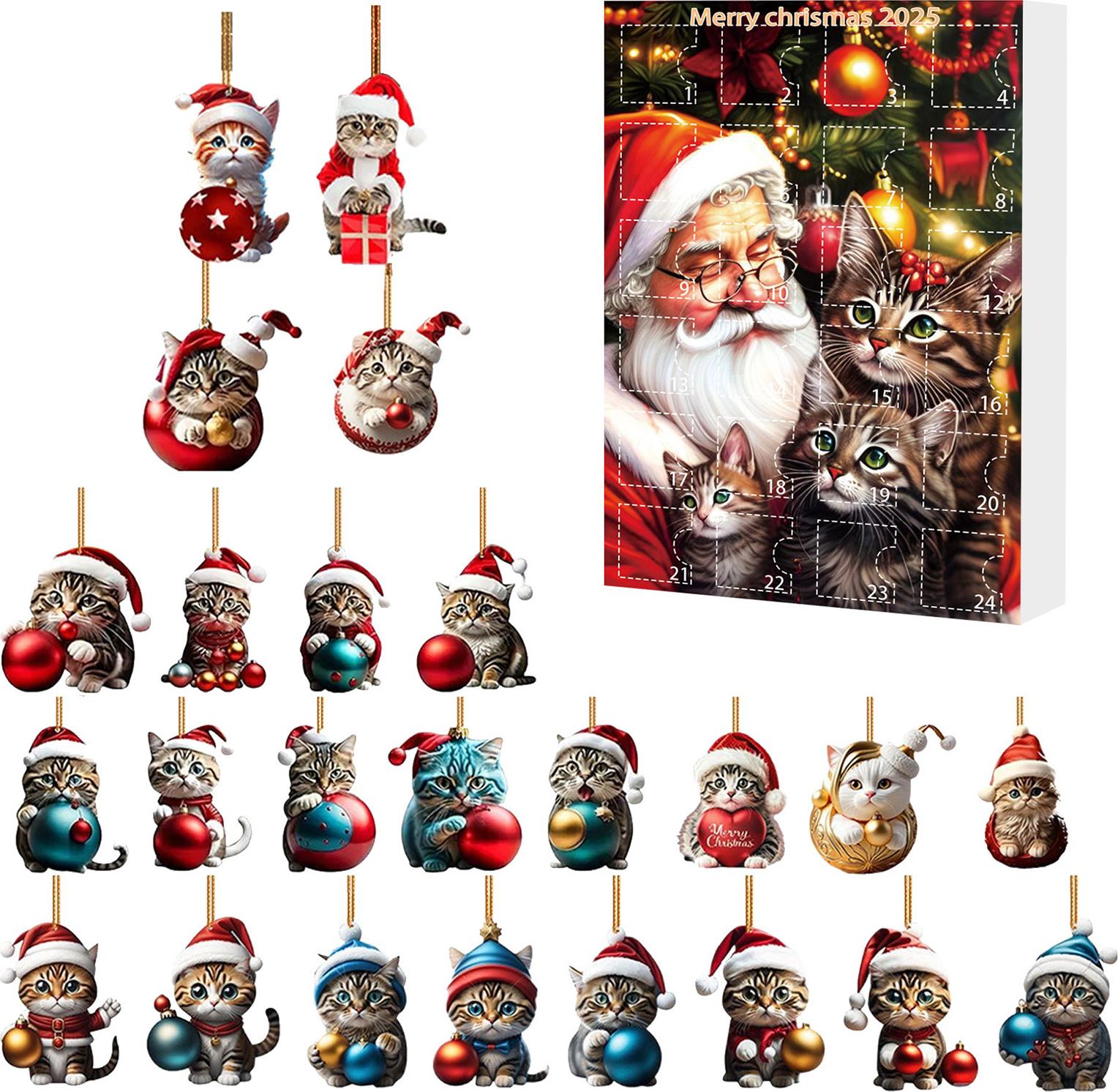 Essen Weihnachts-Katzen-Adventskalender, Acryl, 2D-Cartoon-Katze, hängende Dekoration, 24 Tage 2025, Weihnachts-Countdown-Kalender, Geschenk für Katzenliebhaber, Feiertagsdekoration 4552900@Essen